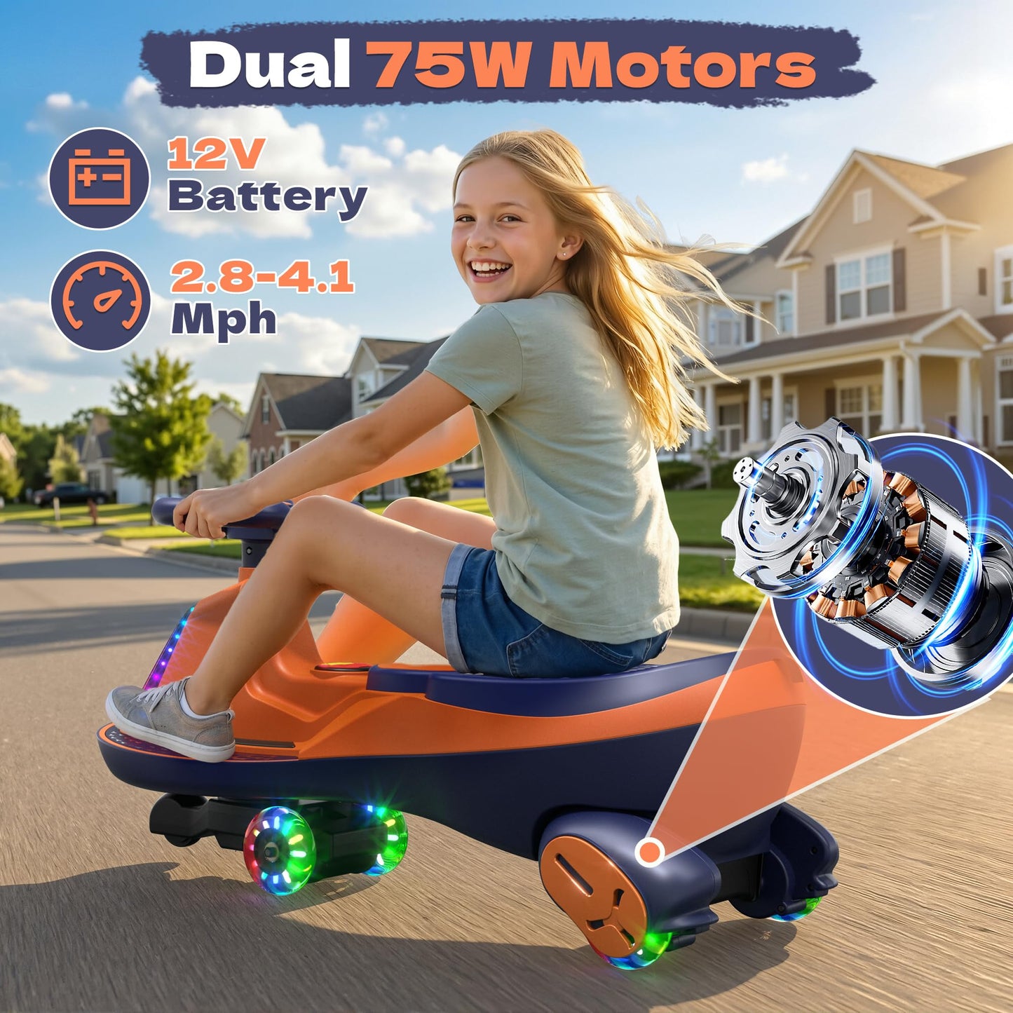 ANPABO 12V Electric Wiggle Car with Pedals, 2 Seater, 2x75W Motor, Music & Bluetooth, Ride On Toy for Kids Ages 3+, 170 Lbs, Orange