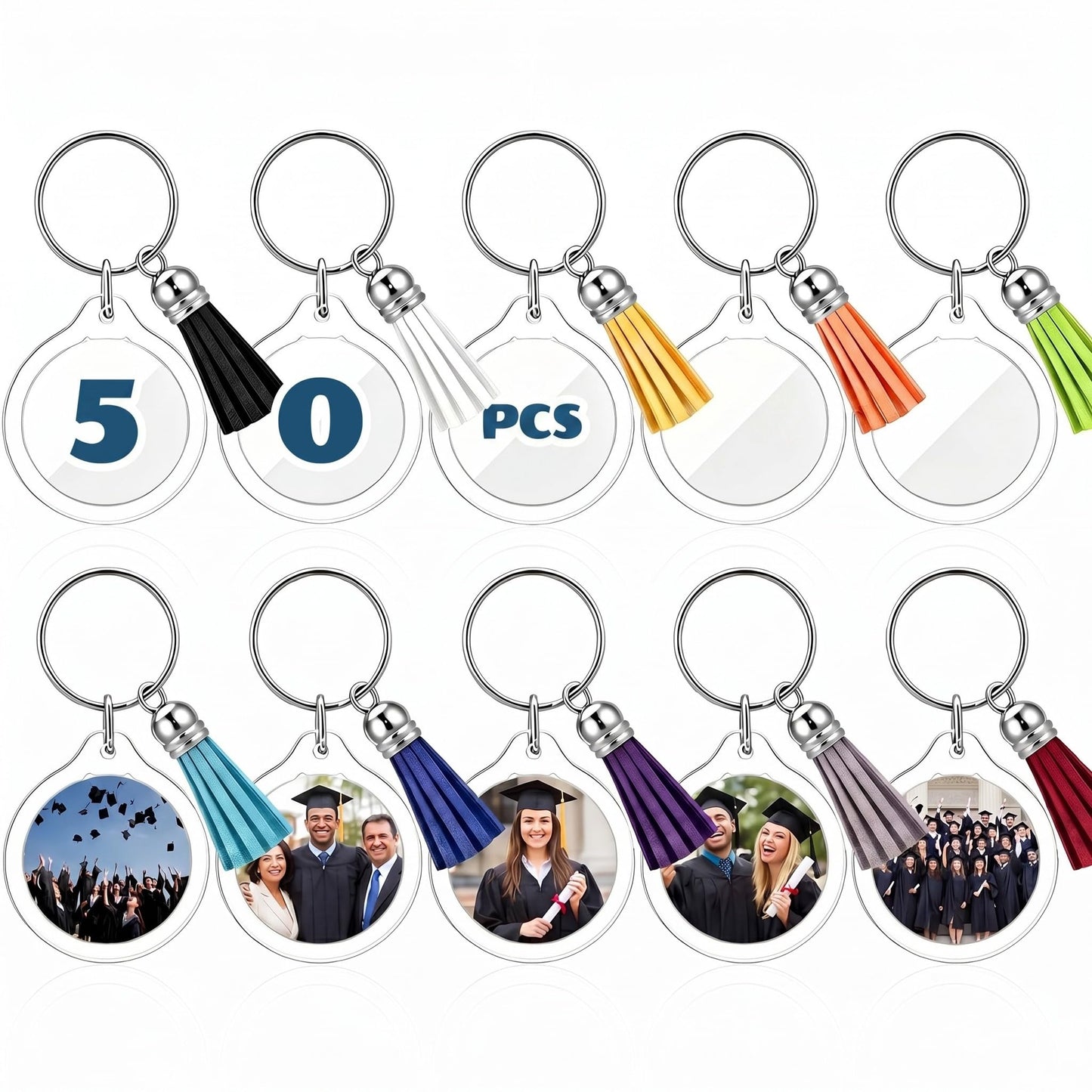 Yaomiao 50 Set Acrylic Photo Frame Keychain with Tassels, Custom Insert Photo Keyring Clear Blank Picture Keyring (Round)