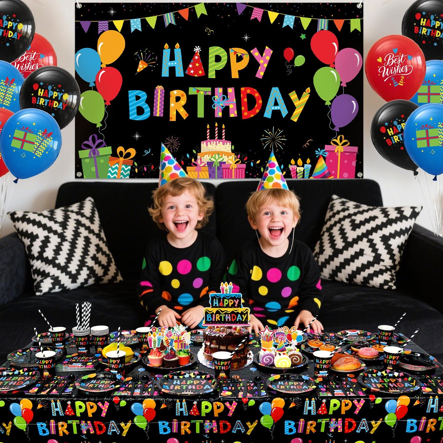 Obussgar Colorful Black Party Decorations - Black and Colourful Party Supplies including Backdrop, Plate, Cake Topper, Cup, Napkin, Balloon, Tablecloth - Serves 20