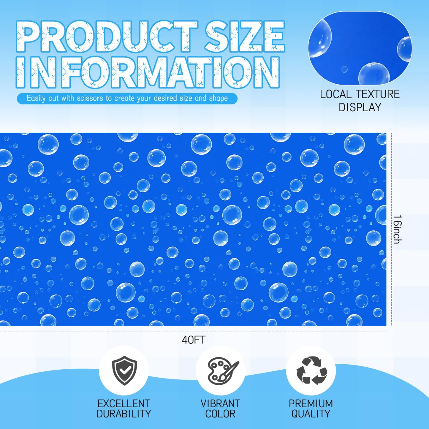 Hahafelt 1.3x39 ft Fabric Bulletin Board Roll Ocean Bubbles Bulletin Board Blue Non-Woven Reusable Waterproof Erasable Wrinkle Resistant Fabric Roll for Background Decor DIY Craft