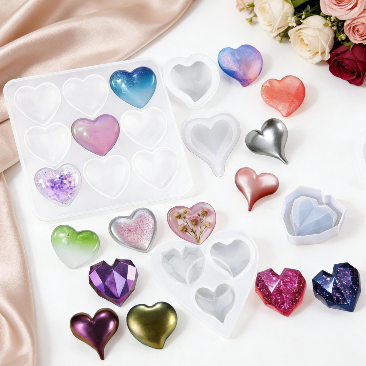 QENEQ Heart Shape Resin Silicone Molds 5 Set 3D DIY Art Shapes Shiny Multifunctional Handmade Tool Agate Jewelry Pendant Home Decor Soap Candle Valentine Gift