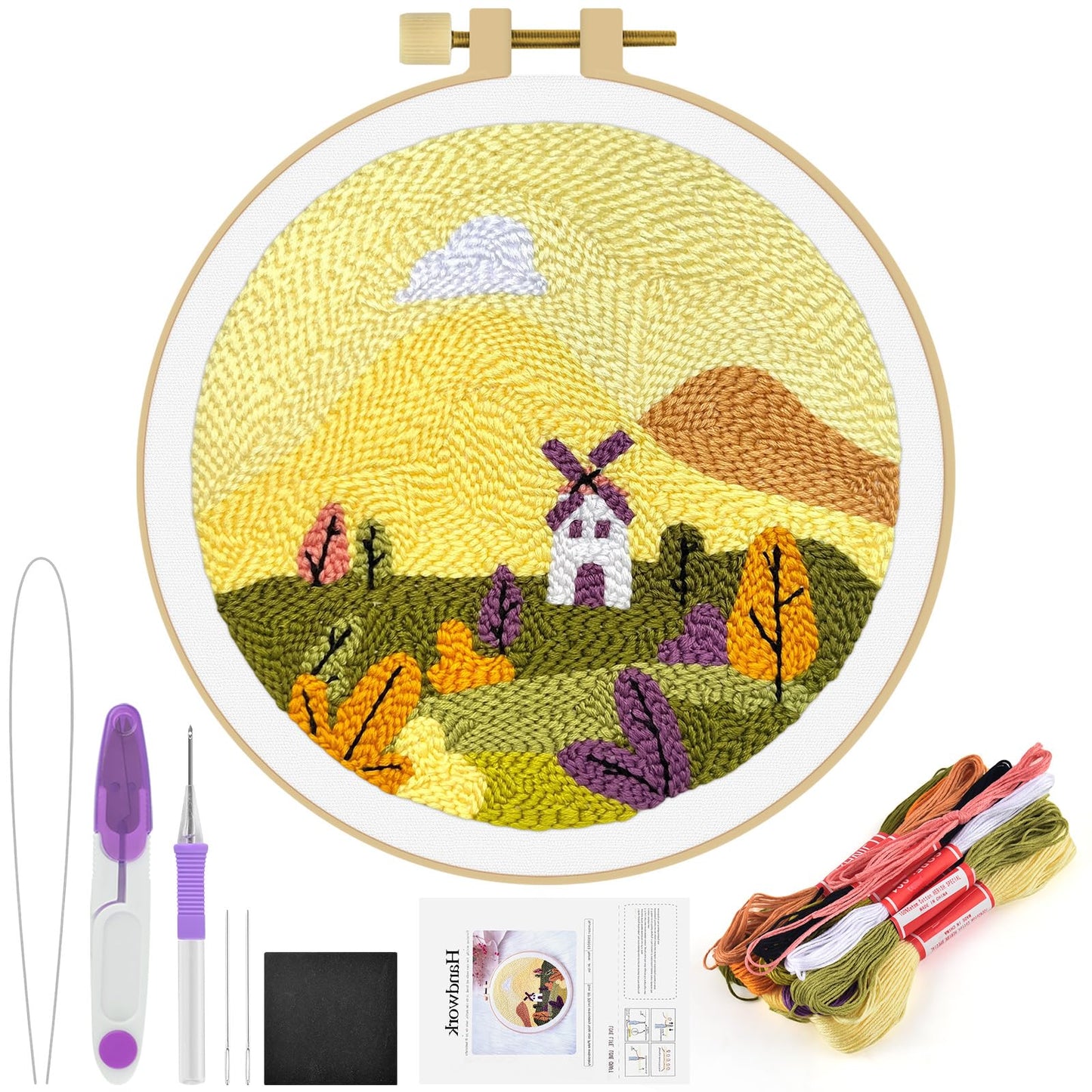 ERKOON Punch Needle Kit Adults Beginners, DIY Easy Landscapes Embroidery Set for Starter Art Craft, Needling Punch Project with Patterns, Tools, Yarns, Hoop, Instruction (Fall)