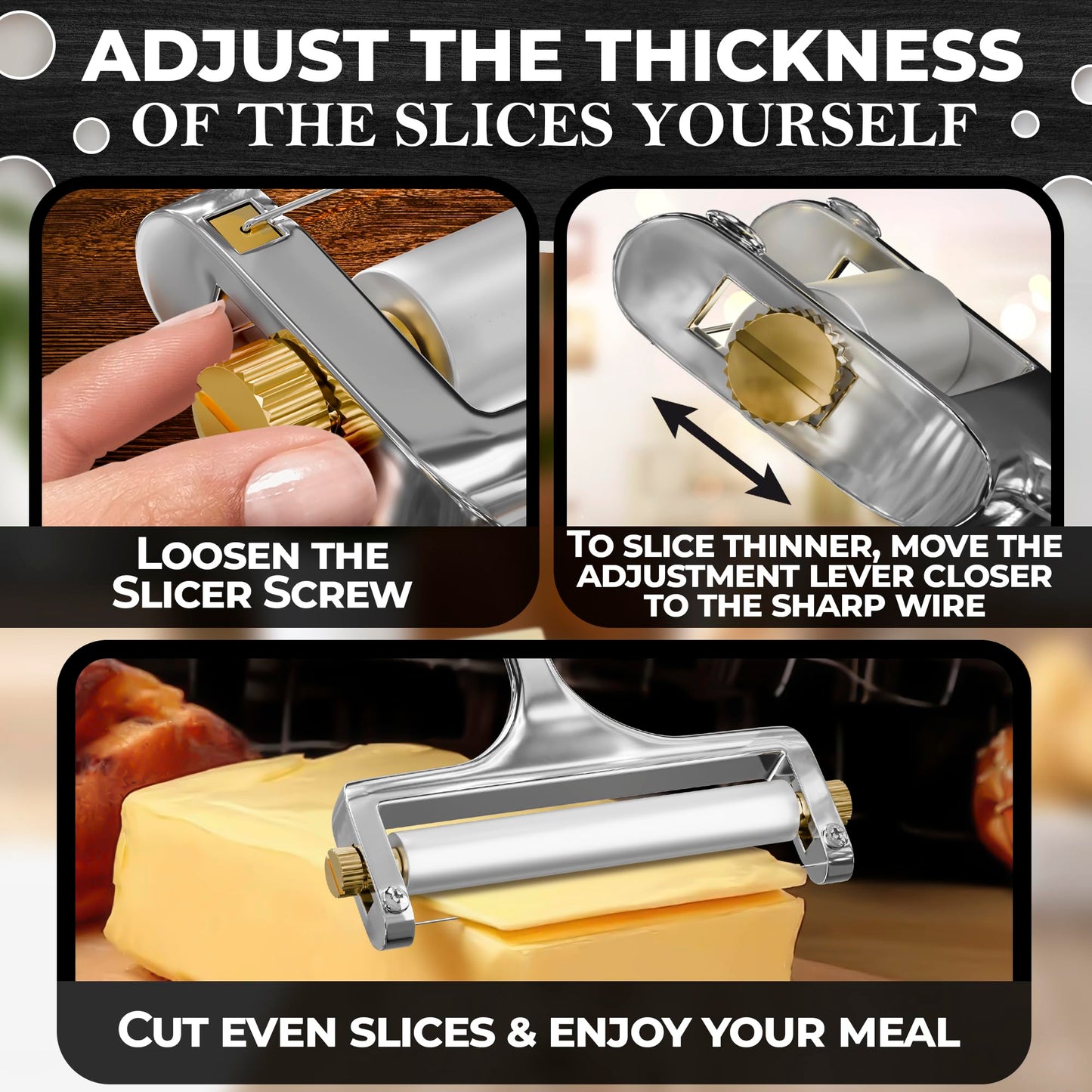 Cheese Slicer Wire - Sharp & Strong Stainless Steel Cheese Cutter Handheld with 2 Extra Wires, Slice Tickness Adjuster, Comfortable Handle & Dishwasher Safe, for Mozzarella, Cheddar & Gruyere Slicing