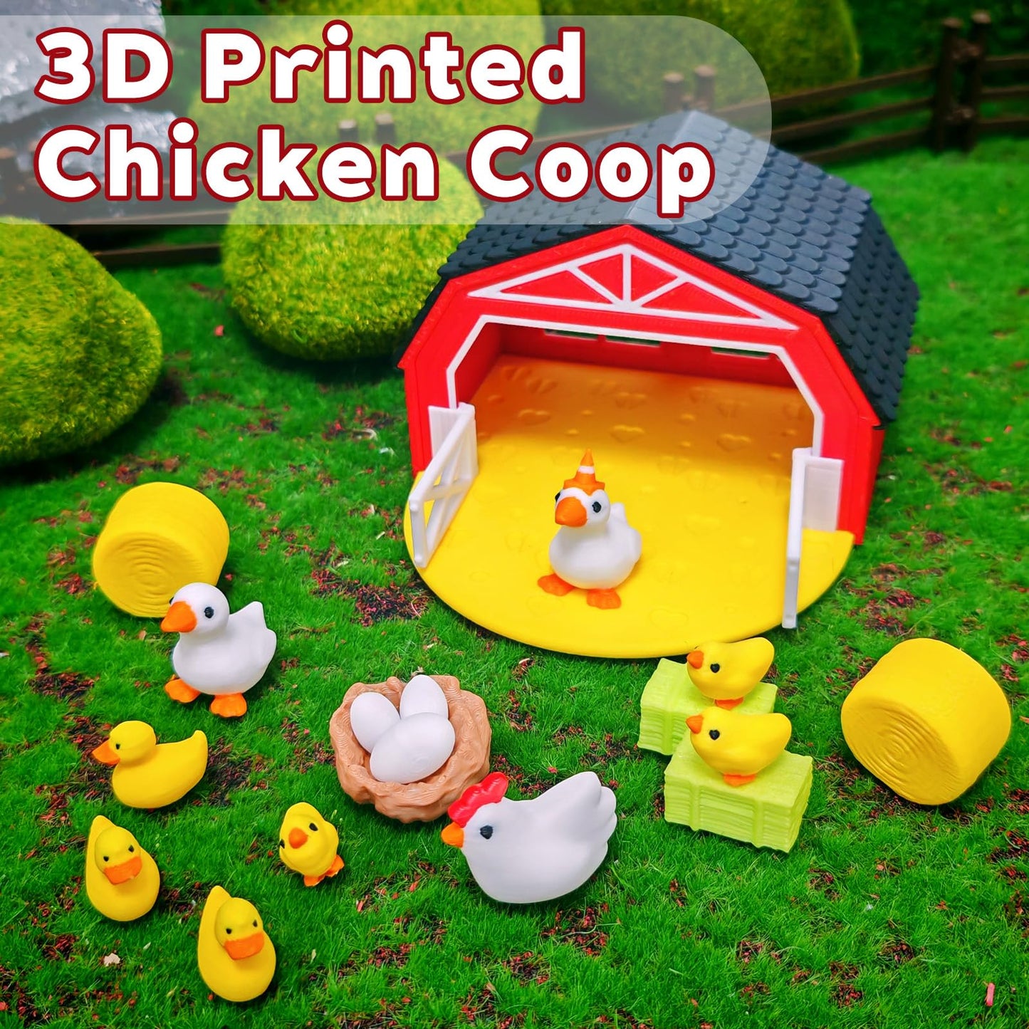 AQXYTK 3D Printed Miniature Chicken Coop Farm Playset, 18 Pcs Farm Decor Kit with Barnyard, Hens, Chicks, Eggs & Nests for Fairy Gardens, DIY Mini Landscapes & Party Decor