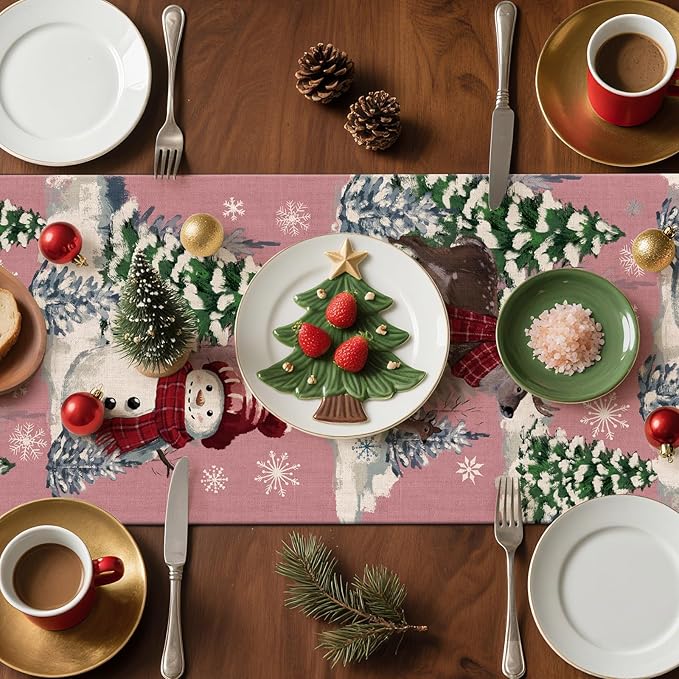 Artscope Reindeer Snowman Christmas Tree Table Runner, Xmas Winter Snowflakes Holiday Kitchen Dining Table Decoration for Christmas Home Party Decor 13x72 Inch-Pink
