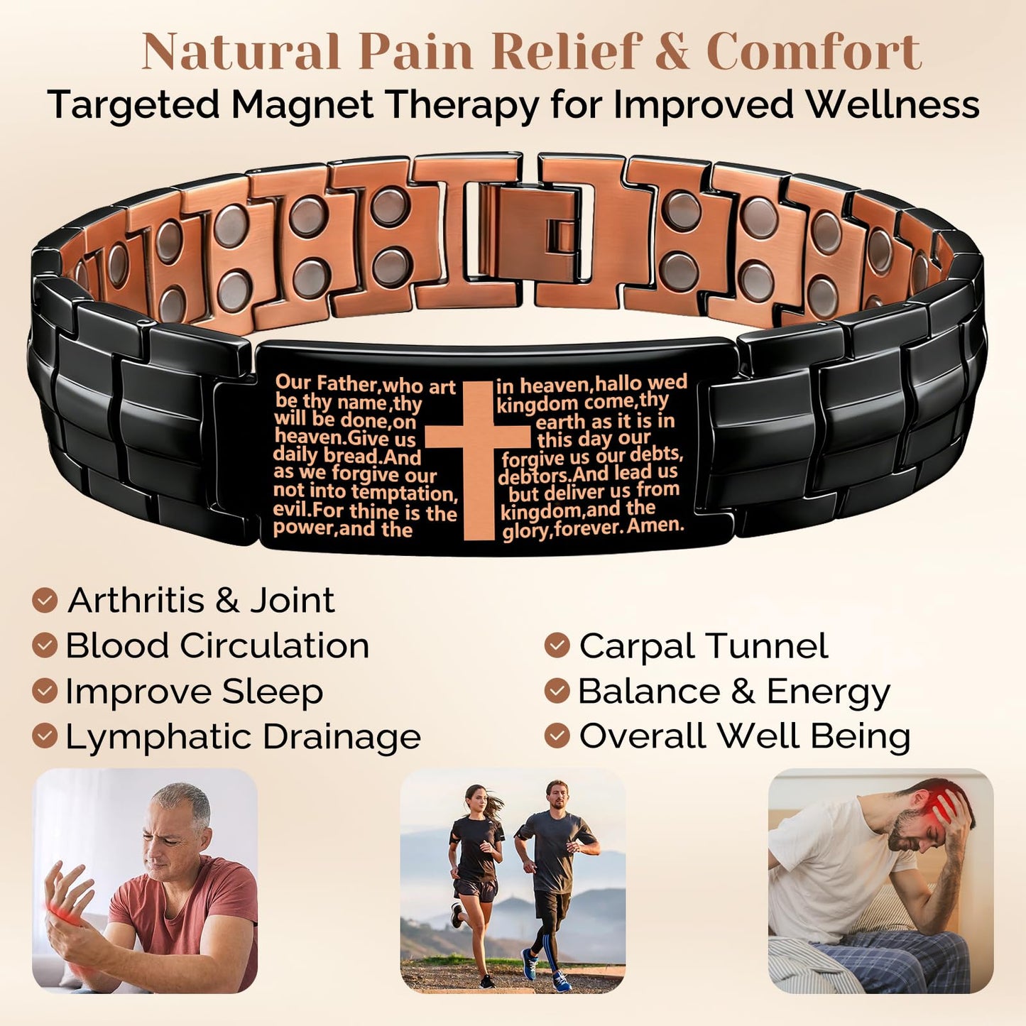 JEROOT Men's 99.99% Pure Copper Magnetic Bracelet, 3500 Gauss Magnets Adjustable with Sizing Tool