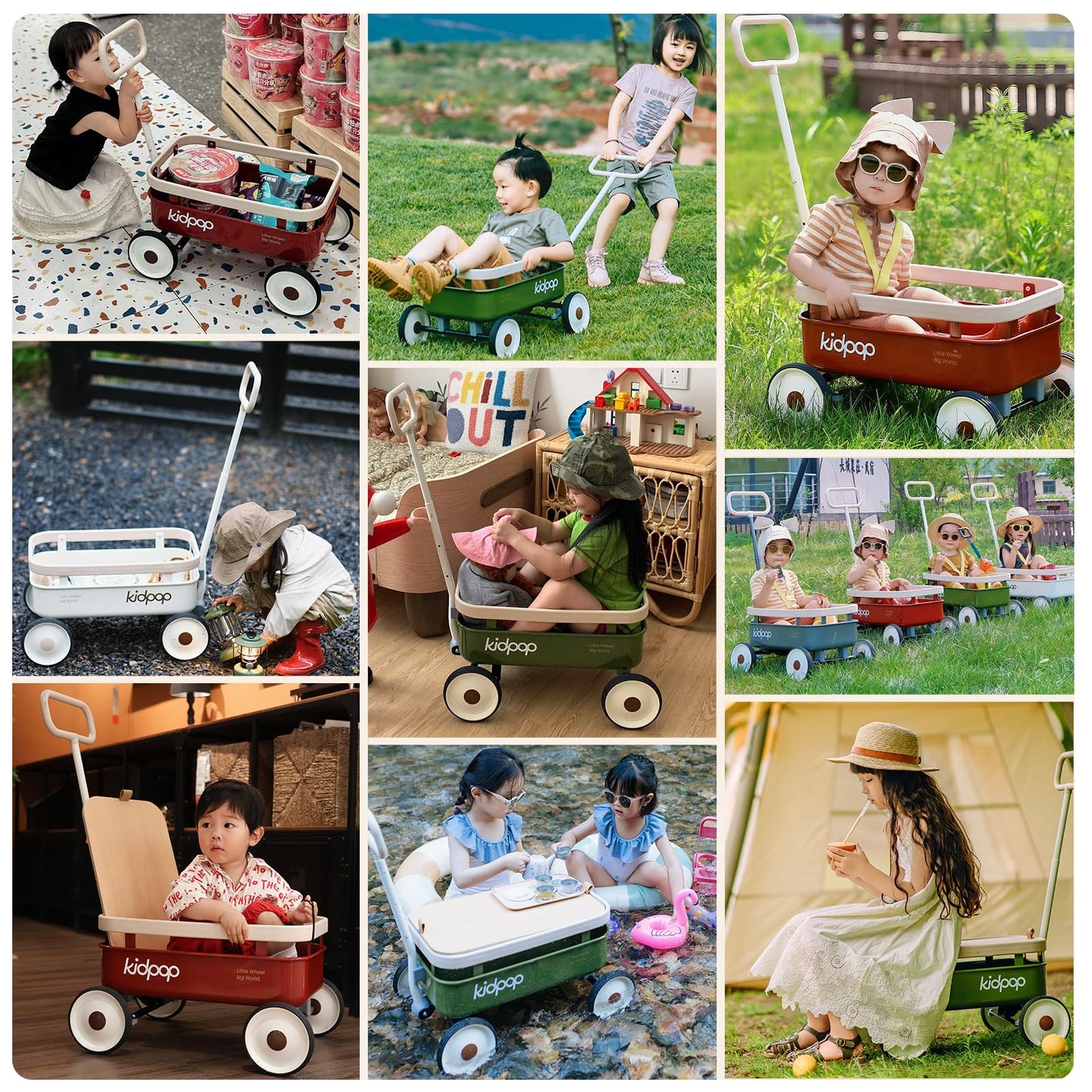 kidpop PULA-Wild 3-in-1 Kids' Pull-Along Wagon Toddlers Push Walker for 2.5-8, Removable Wooden Cover and Adjustable Handlebar, Birthday Gifts Max Weight 33 lbs (Green)