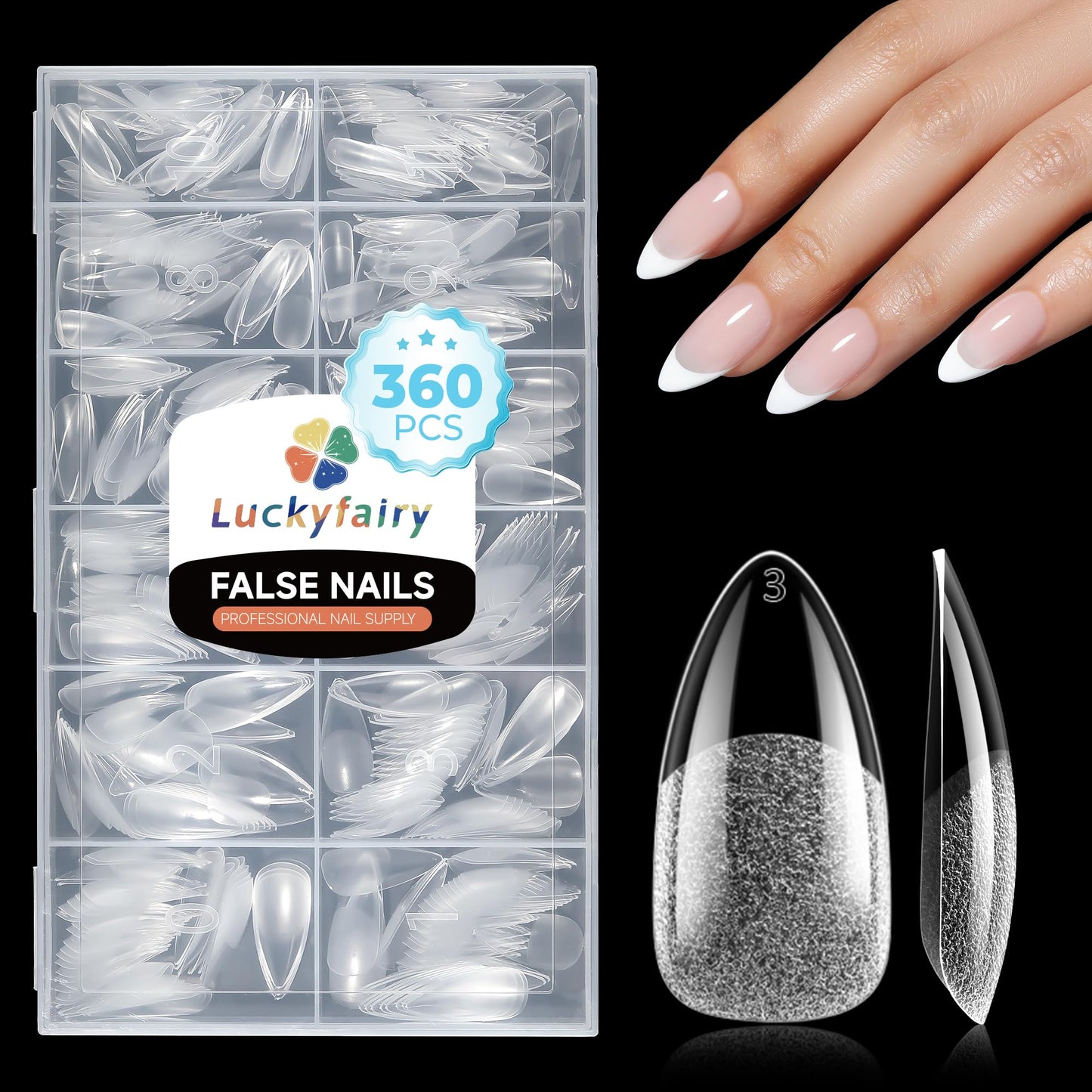 Luckyfairy Almond Gel Nail Tips: 360pcs Pre-Shaped Medium Nail Tips Almond Shape Acrylic Fake Nails Half Matte Full Cover Press On Nails for Extension Home DIY Salon 12 Sizes