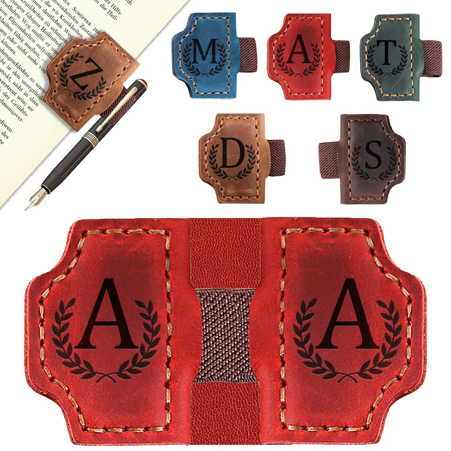 Custom Magnetic Bookmarks with Pen Holder, Personalized 26 Letters Name Initial Leather Bookmark, Leather Book Mark for Men Women Teachers, Readers Book Lovers Gifts (Red, A)