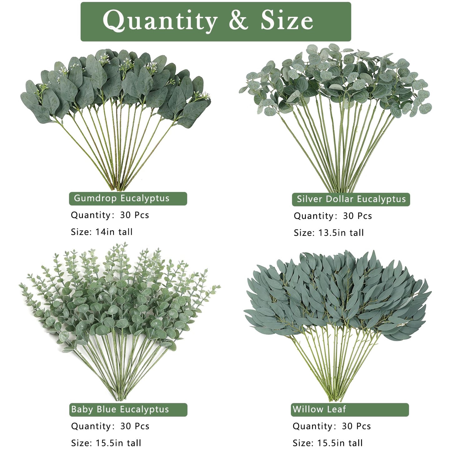 120 Pcs 4 Kinds Mixed Artificial Eucalyptus Leaves Stems Bulk Fake Silver Dollar Eucalyptus Bundle Faux Plants Greenery for DIY Bouquets Floral Arrangement Wedding Engagement Party Decor (Green)