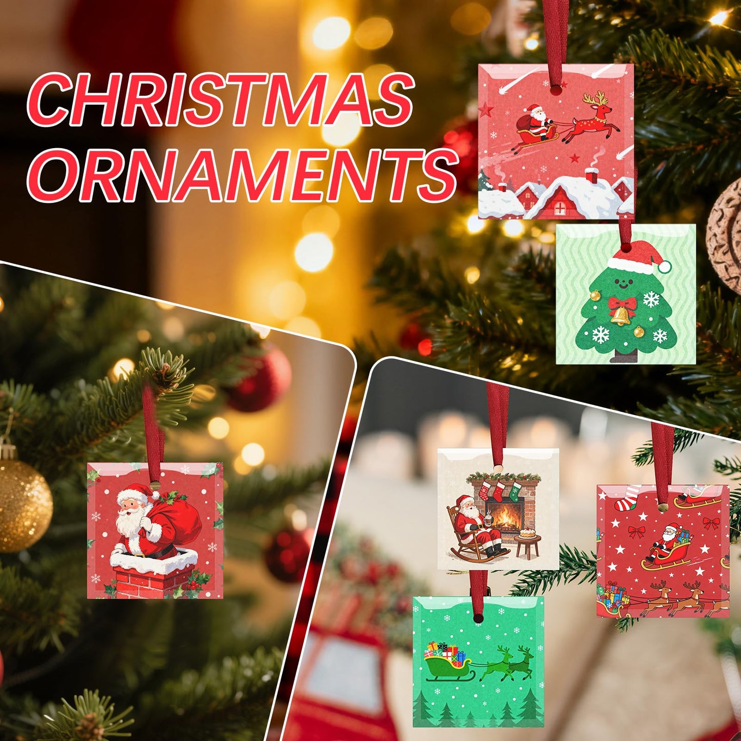 24 PCS Glass Sublimation Blanks Ornament Sublimated Glass Square 3 Inch with Red Ribbons,Personalized Christmas Ornaments