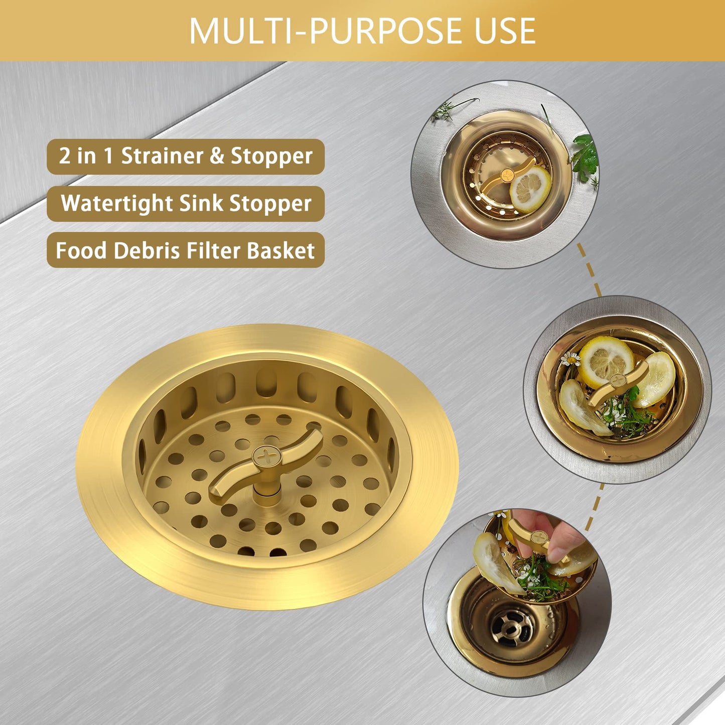 Exakey Gold Sink Drain Strainer 3-1/2 Inch Kitchen Sink Drain Assembly Kit with Stainless Steel Strainer Basket and Drain Stopper for Standard Kitchen Sink Brushed Gold