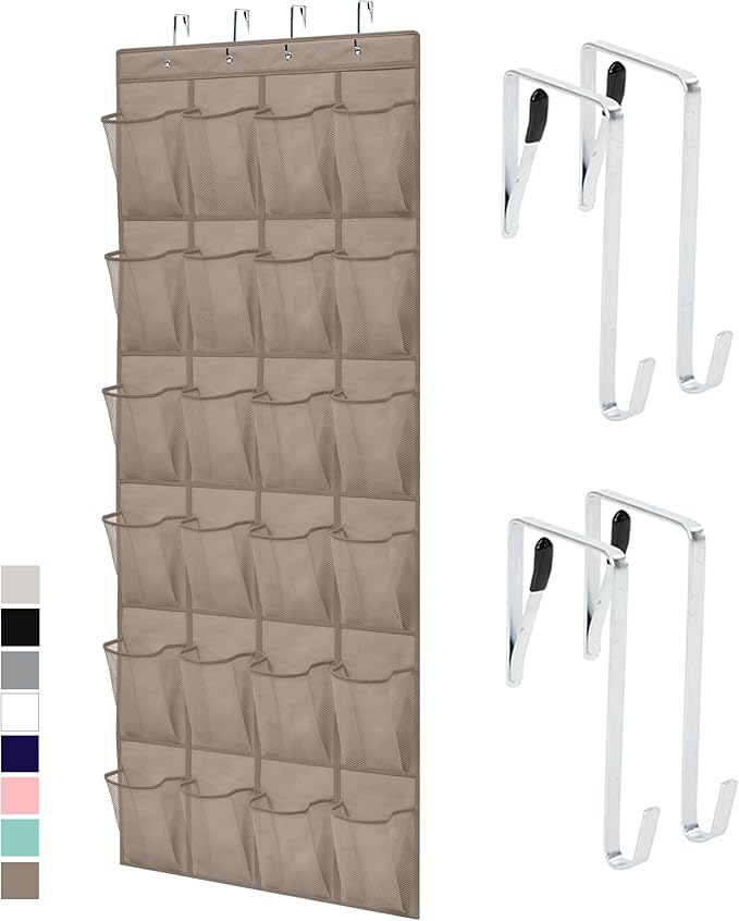 GORILLA GRIP Over the Door Shoe Organizer, 24 Large Breathable Mesh Pockets, Space Saving Hanging Storage Holder, Closet Rack Hanger Holds Up to 40 lbs, Hangs on Closets for Shoes, Accessories, Beige