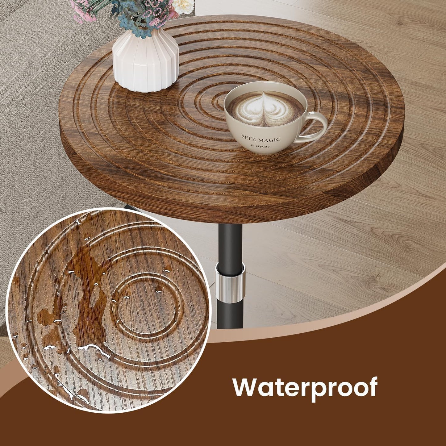 Asgolion Round Small Side Table, Adjustable-Height Drink Table, Pedestal Martini Stand, Weighted Base Cocktail Table Accent Nightstand for Living Room, Bedroom, Bathroom, Office, Walnut