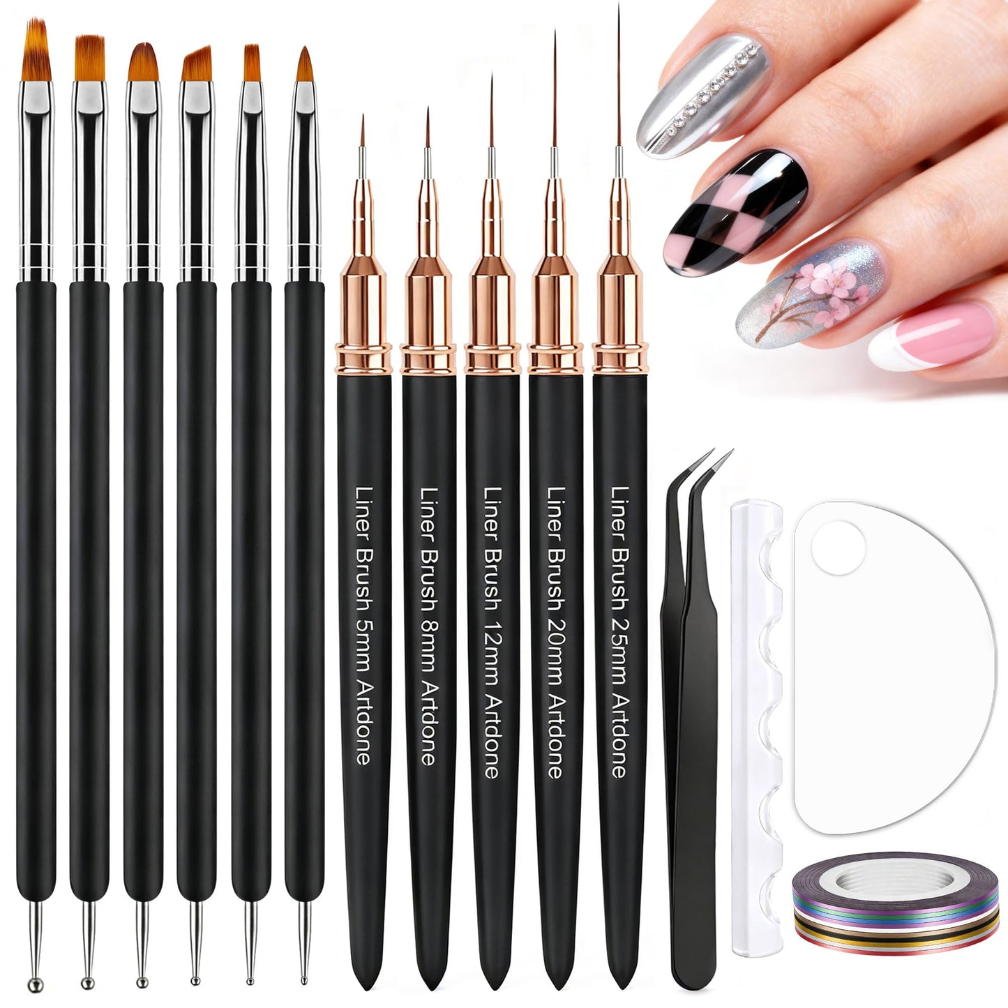 Artdone Nail Striping Tape Lines Kit With Nail Art Pens Dotting Tools And Liner Brushes For Gel Polish Small Detail Drawing Design Paint