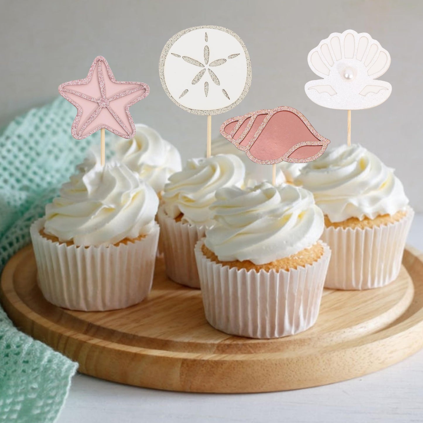 Mermaid Sea Shell Theme Cupcake Toppers - Oneder the Sea Birthday Decorations, 12 PCS Neutral Boho Ocean Beach Cupcake Topper, Under the Sea Party Decor, Mermaid Baby Shower Decoration