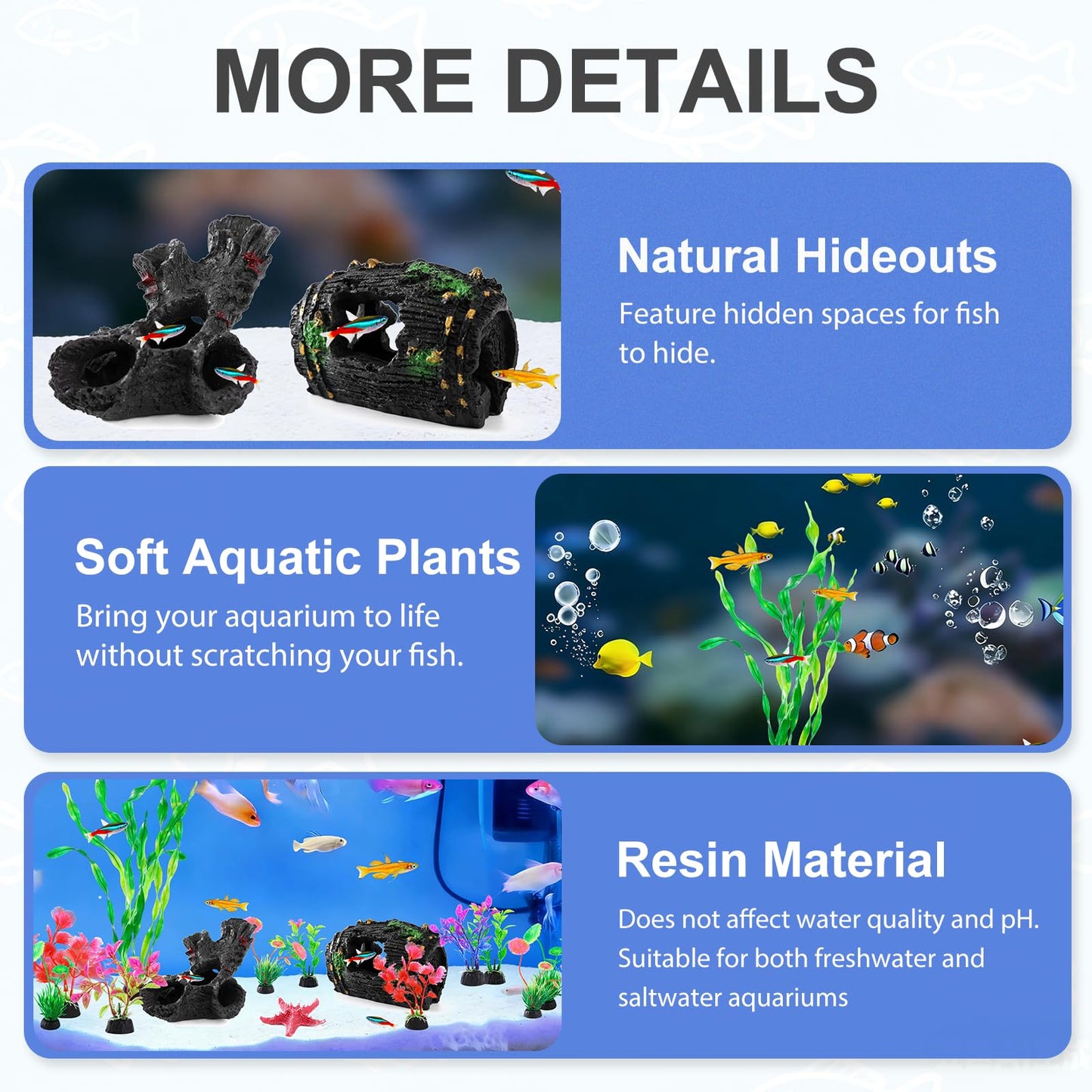 TOKCAM 14pcs Fish Tank Decorations Set, Aquarium Decor Driftwood, Resin Fish Broken Barrel and Artificial Plastic Plants, Fish Bowl Ornaments Betta Tank Hideout Accessories