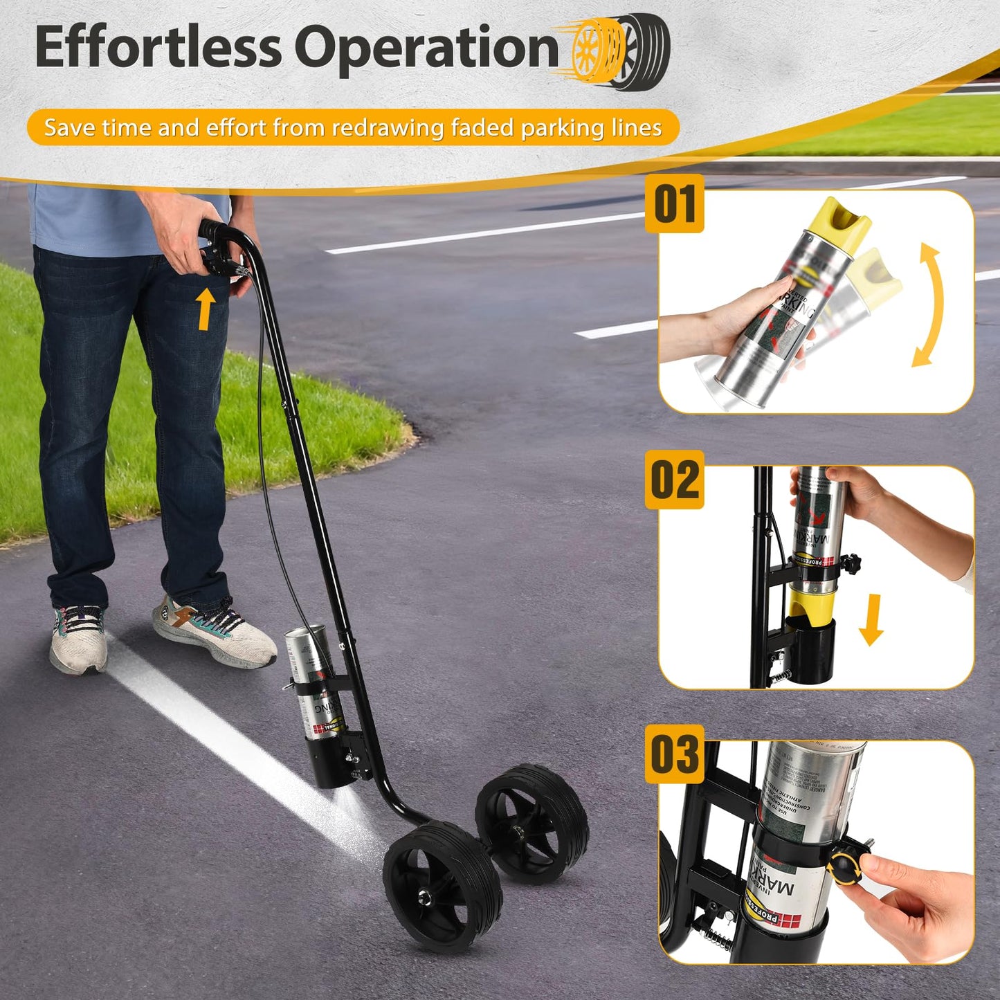 CAROD Marking Paint Wand, Dual-Wheel Line Marking Wand Sprayer Compatible with Inverted Marking Paint, Side Push Marking Stick for Ground Sport Field Parking Lot Spray Applicator (Black)