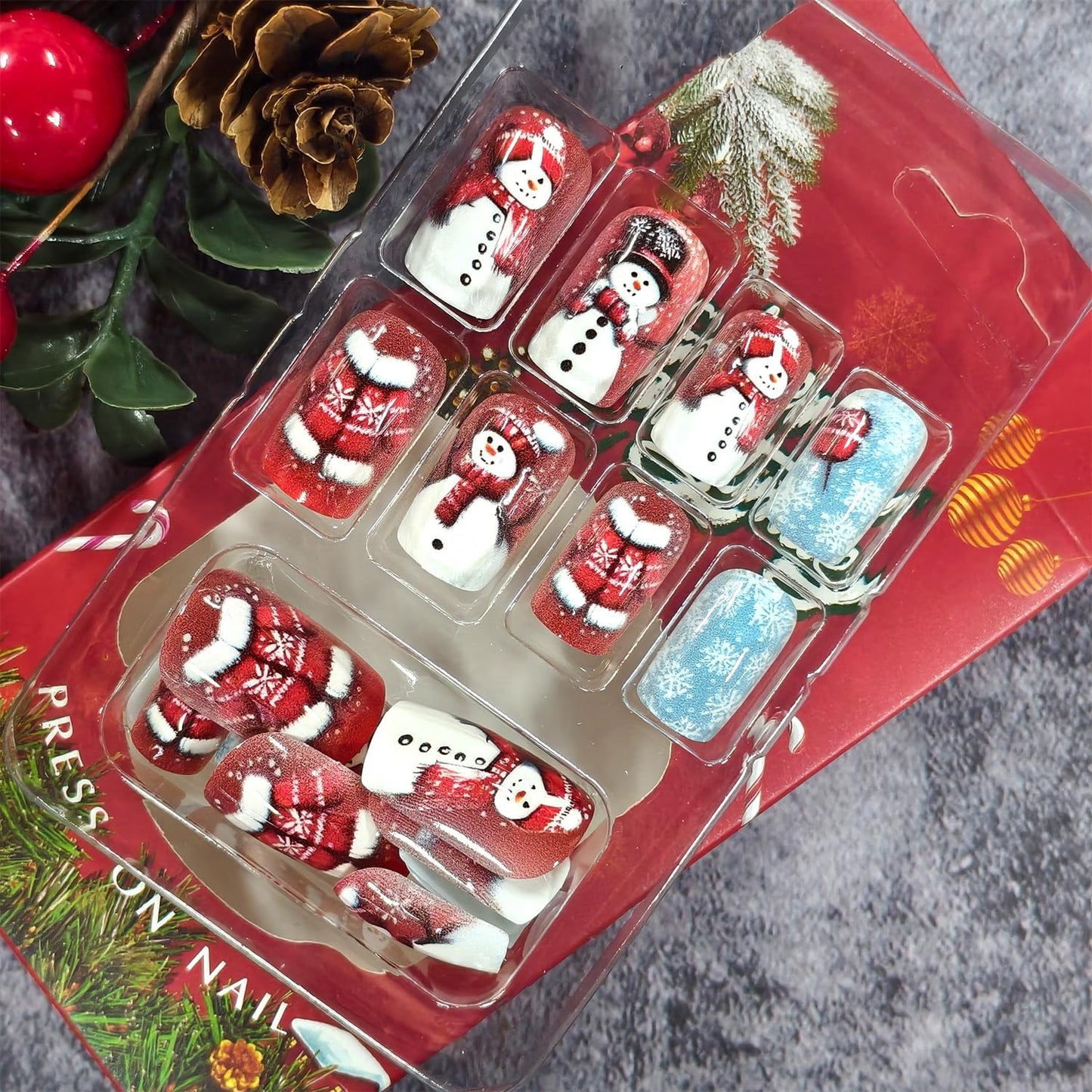 CJDLTS Winter Press on Nails Medium Square Artificial Acrylic False Nails Cute Snowman Snowflake with Glitter Stick on Nail Full Cover Christmas Artificial Fingernails for Women Festival Manicure