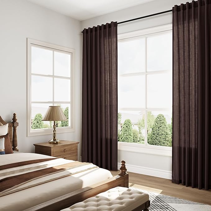 Coffee Brown Linen Curtains 90 inch Length for Living Room/Bedroom Textured Semi Sheer Linen Drapes Country Window Treatment Farmhouse Drop Cloth Curtain 90 inches for Dinning Room 2 Panels