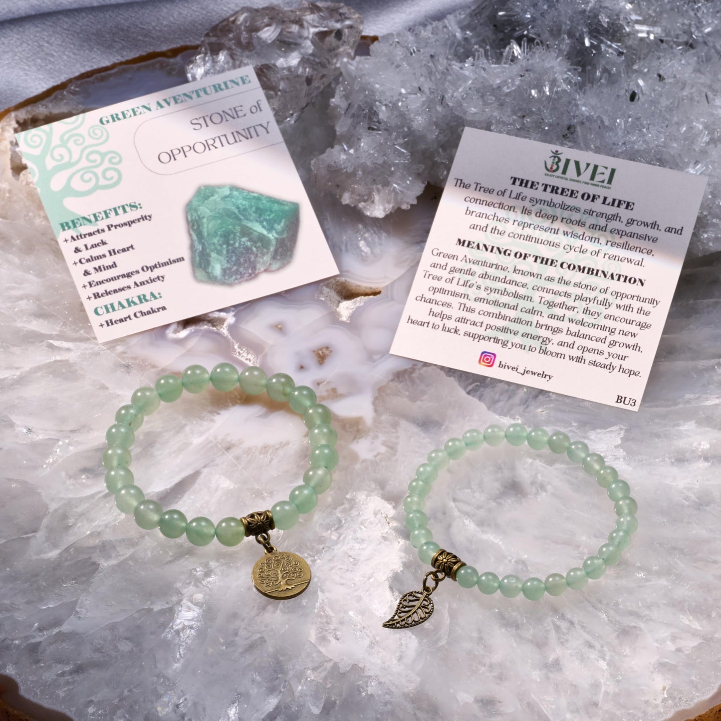 Bivei Natural Semi Precious Gemstone Beads Bracelet for Women - Life Tree and Leaf Charm Chakra Energy Anxiety Stretch Bracelets(Aventurine Bracelet Set)