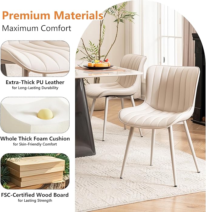 YOUNUOKE Mid-Century Modern Dining Chairs Set of 2, Cream PU Leather Upholstered Kitchen Chairs with Cream Metal Legs, Armless Accent Chair for Dining Room, Guest Reception Room