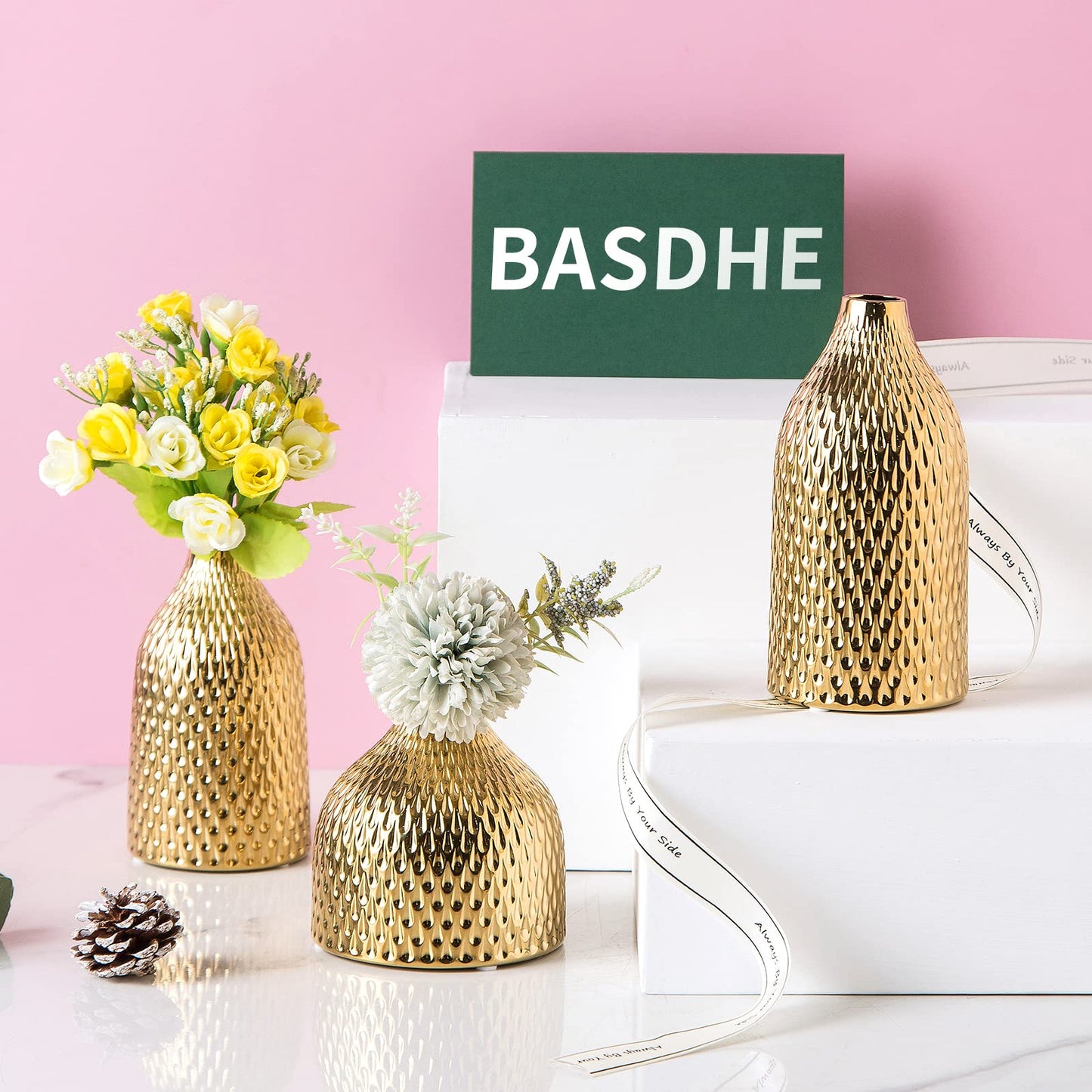 Ceramic Vase Set - 3 Small Vases, Luxurious Home Decor, Great for Centerpieces; Ideal Shelf Décor, Table Décor, Bookshelf, Mantle, Entryway- Gold
