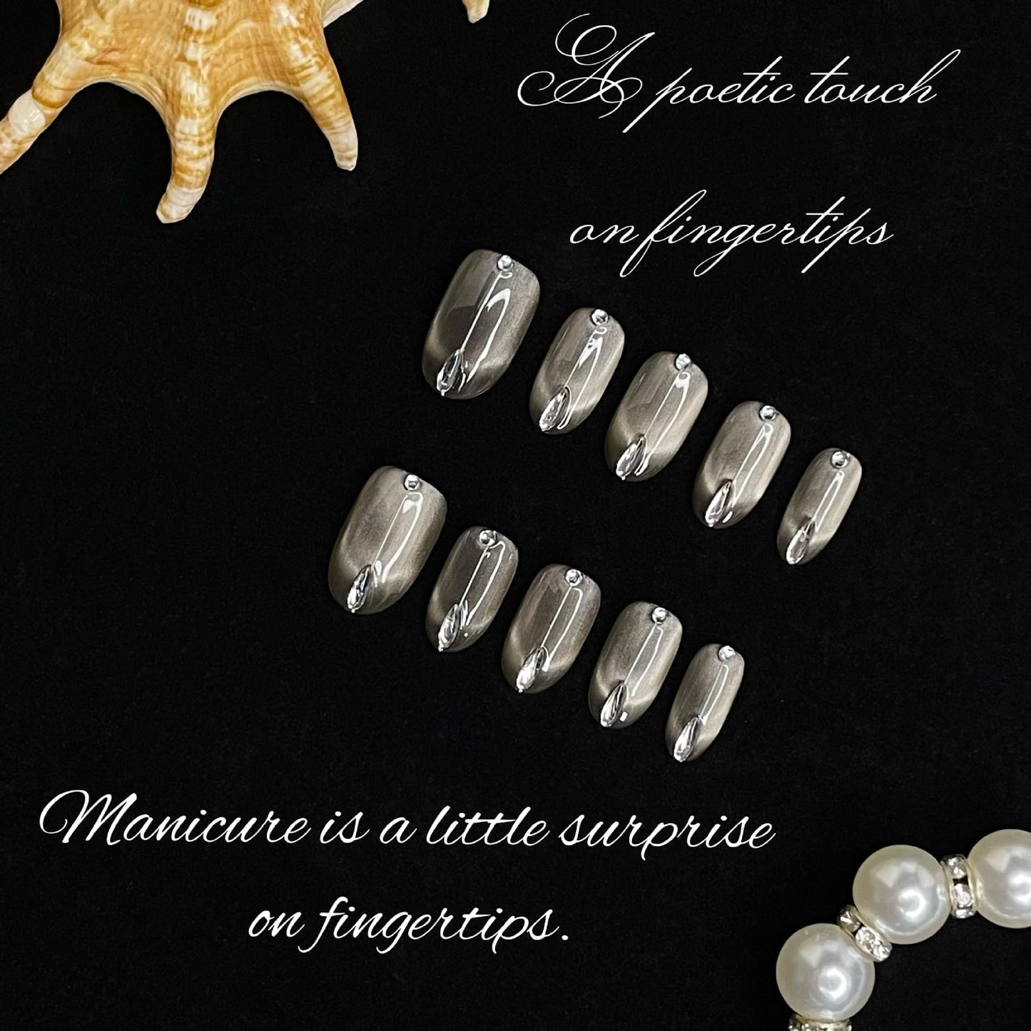 Fake Nails Short Chrome, Press on Nails, Matte Silver Gray Metallic with Transparent Drop & Round Gems, Elegant Oval Shape for Women & Girls (S)