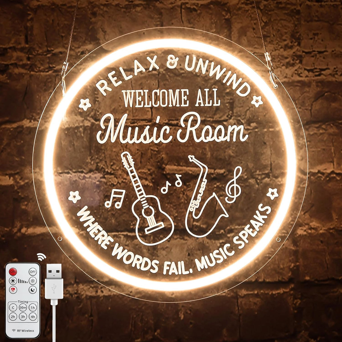 Live Music Neon Sign for Music Studio, Guitar LED Light Up Signs for Wall Decor, 3D Art Dimmable Neon Light USB for Bedroom Game Room Man Cave Party Aesthetics Decor, 12x12 Inch