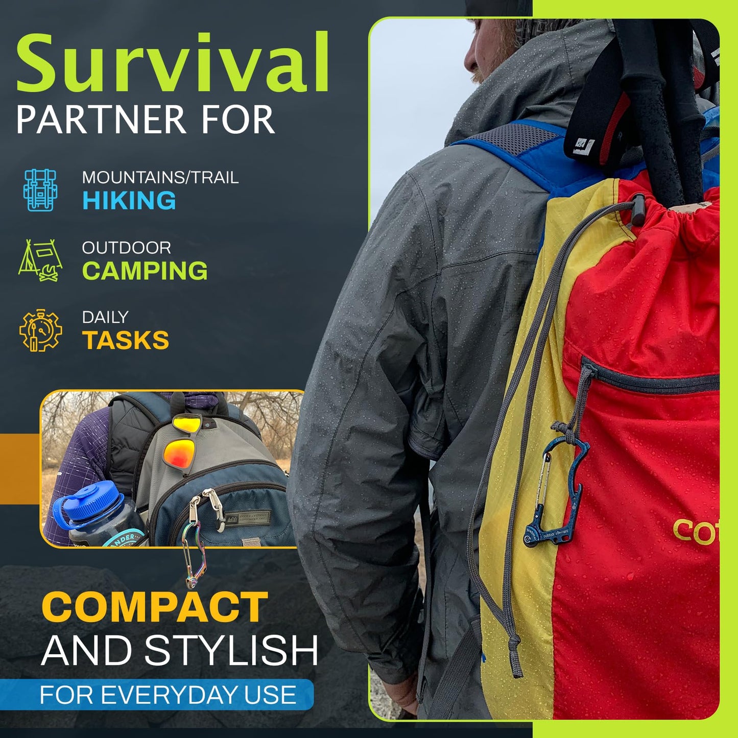 OUTDOOR ELEMENT Firebiner® 6-in-1 Survival Multitool Carabiner EDC Keychain with EverSpark™ Fire Starter, Utility Blade, Bottle Opener & Screwdriver – Unique Gift for Outdoor Adventure – Blue River
