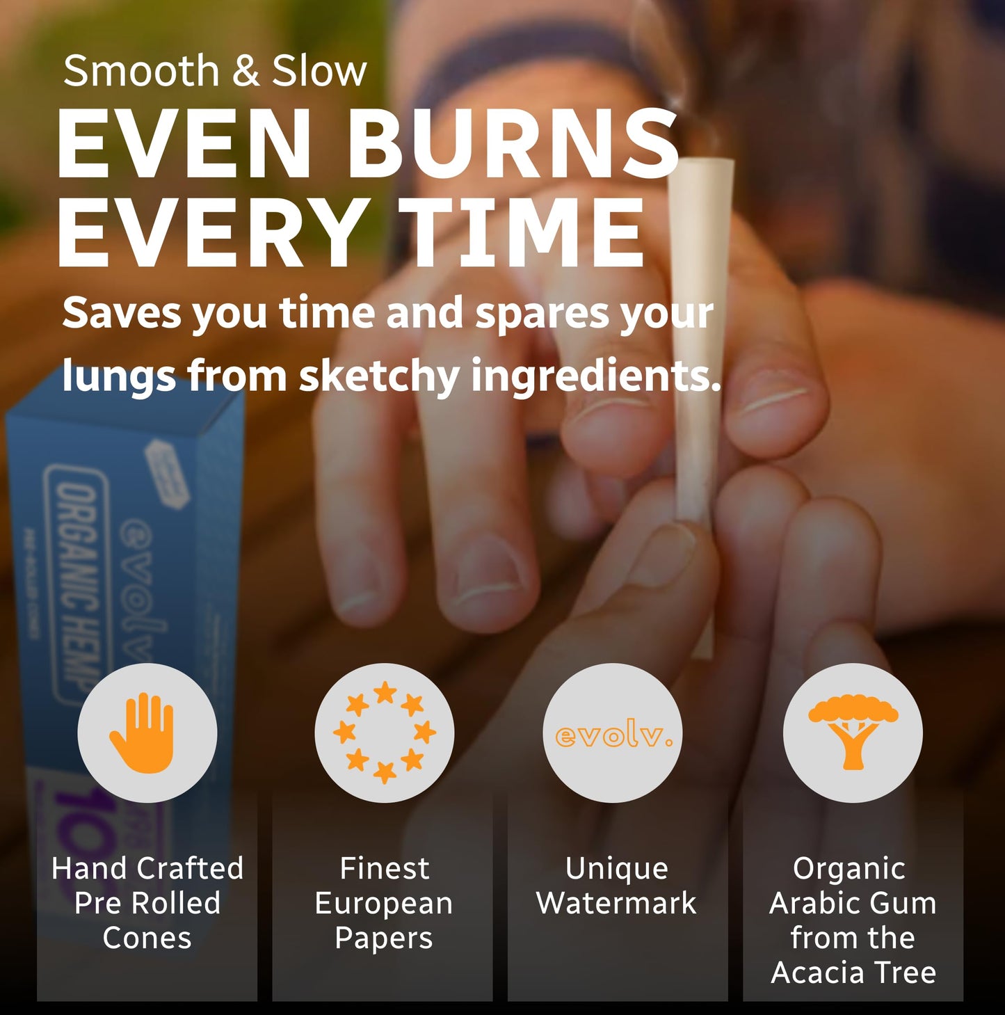 Evolv Organic Hemp Pre Rolled Cones Rolling Paper | Size: M98 (98/26mm) | 100 Count Case | Unbleached, Slow Burning Preroll Cones | Artisan Crafted Rolling Cone