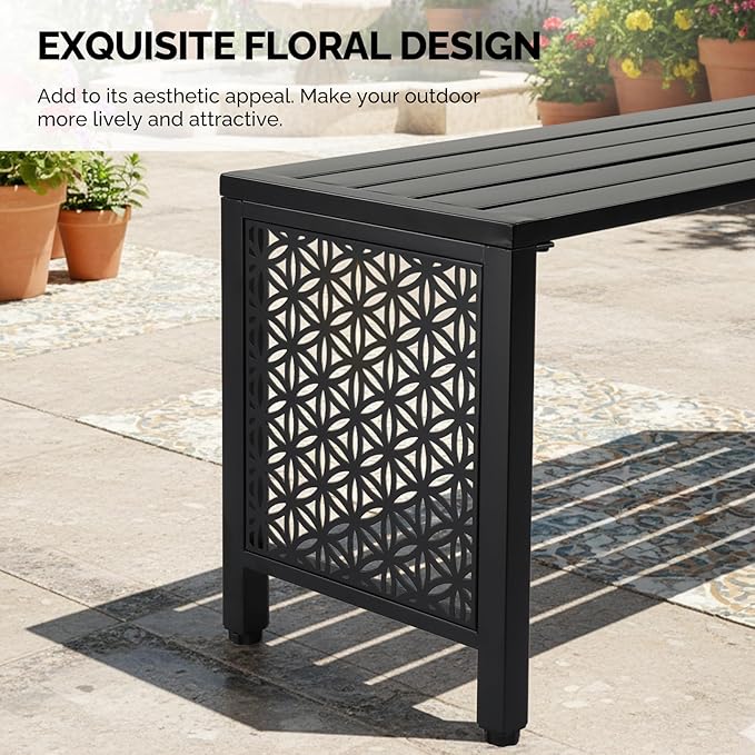 VINGLI 40in Outdoor Metal Bench, All-Weathe Backless Patio Bench with Slatted Seat＆Floral Side Panels, Rust-Resistant Garden Bench, Weatherproof Outdoor Seating for Porch Entryway Backyard (Black)