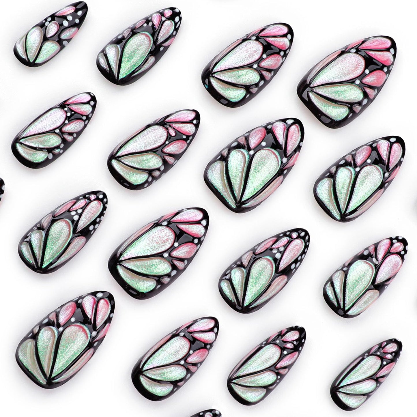 Butterfly Wing Press on Nails 3D Butterfly Wing Stick on Nails Black Curve Line Acrylic Fake Medium Almond Nails 24 Pcs Glossy Multicolor Glitter False Nails Wing Gel Glue on Nails for Women Girls
