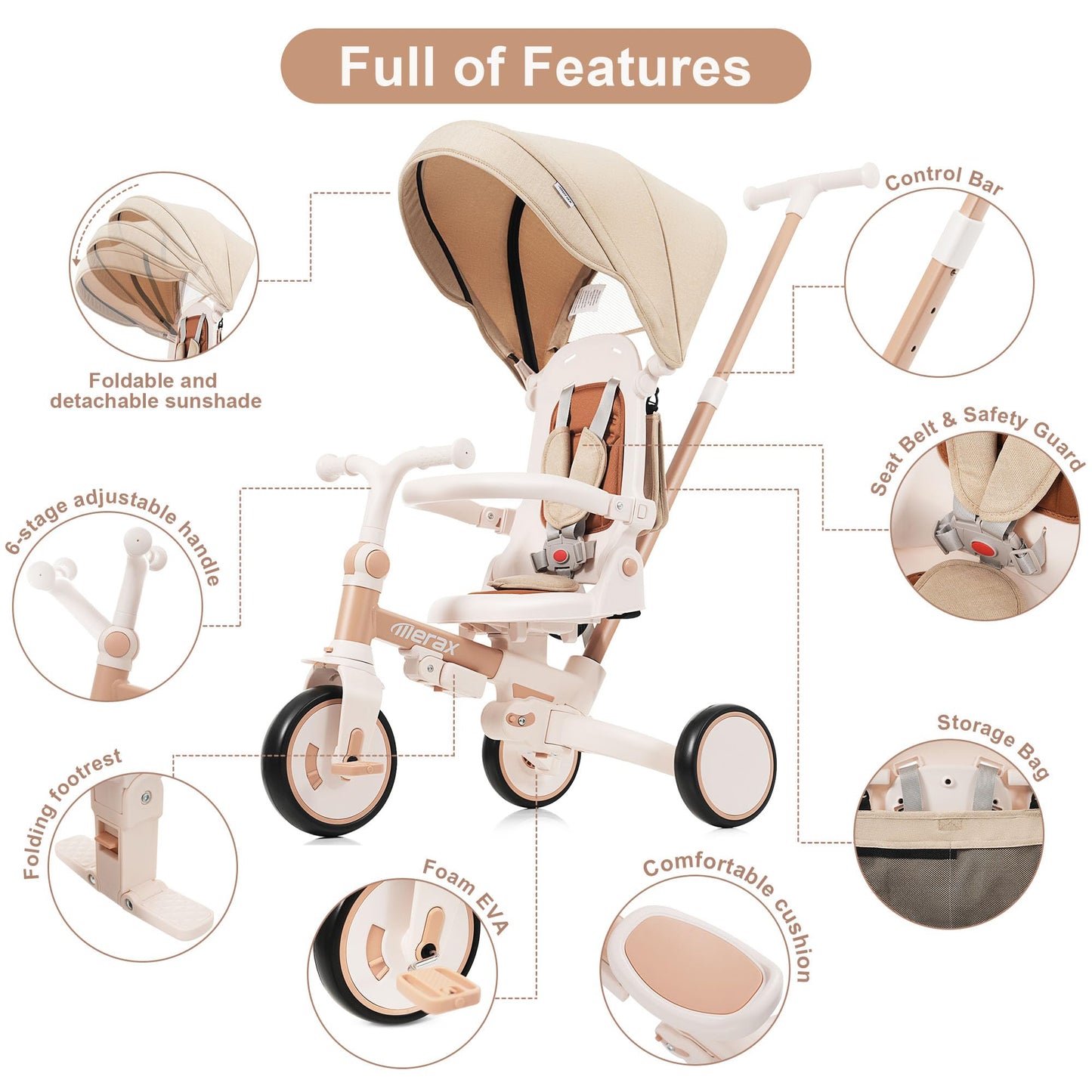 Merax 7-in-1 Toddler Trike Collapsible Frame Kid Rider Tricycle with Removable Pedal Ages 1Y-6Y