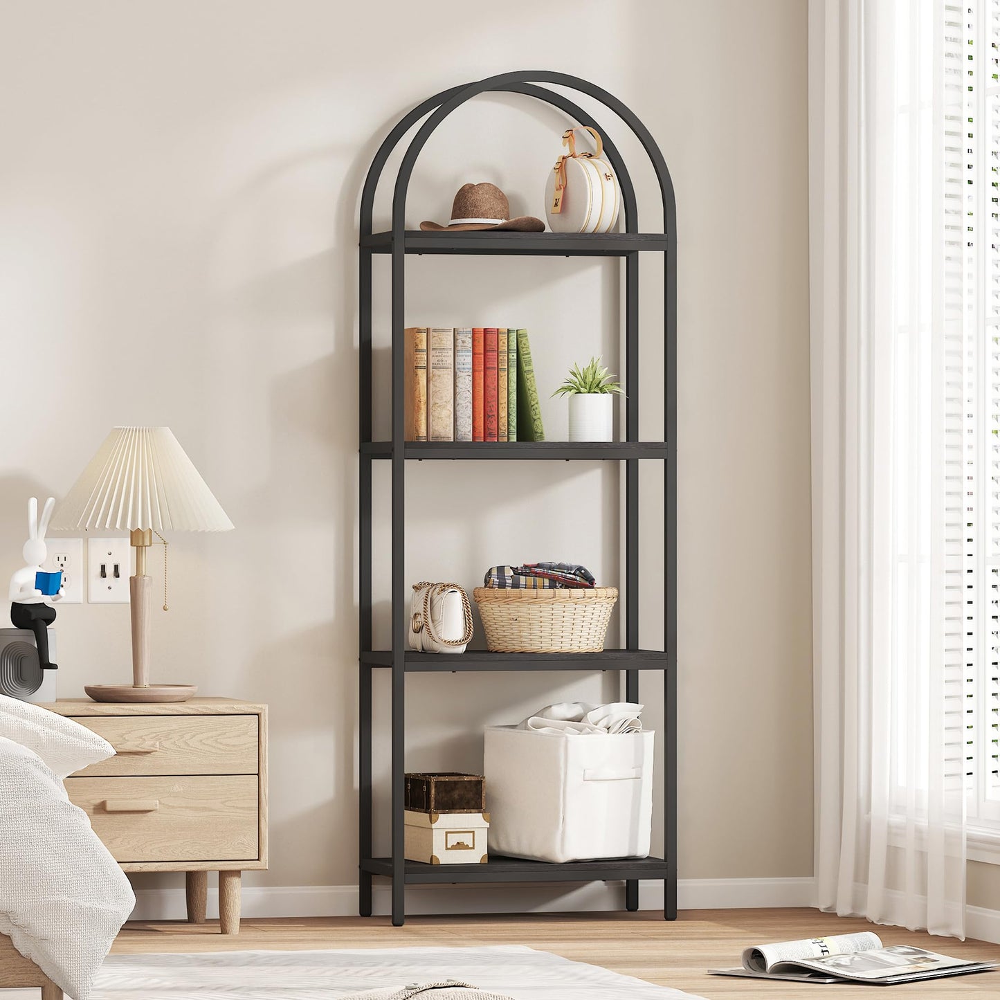 Yusong Bookshelf 4 Tier Arched Bookcase, 71.3" Tall Industrial Open Book Shelves for Living Room, Modern Freestanding Display Shelving Unit Storage Rack with Metal Frame, Office, Bedroom, Black