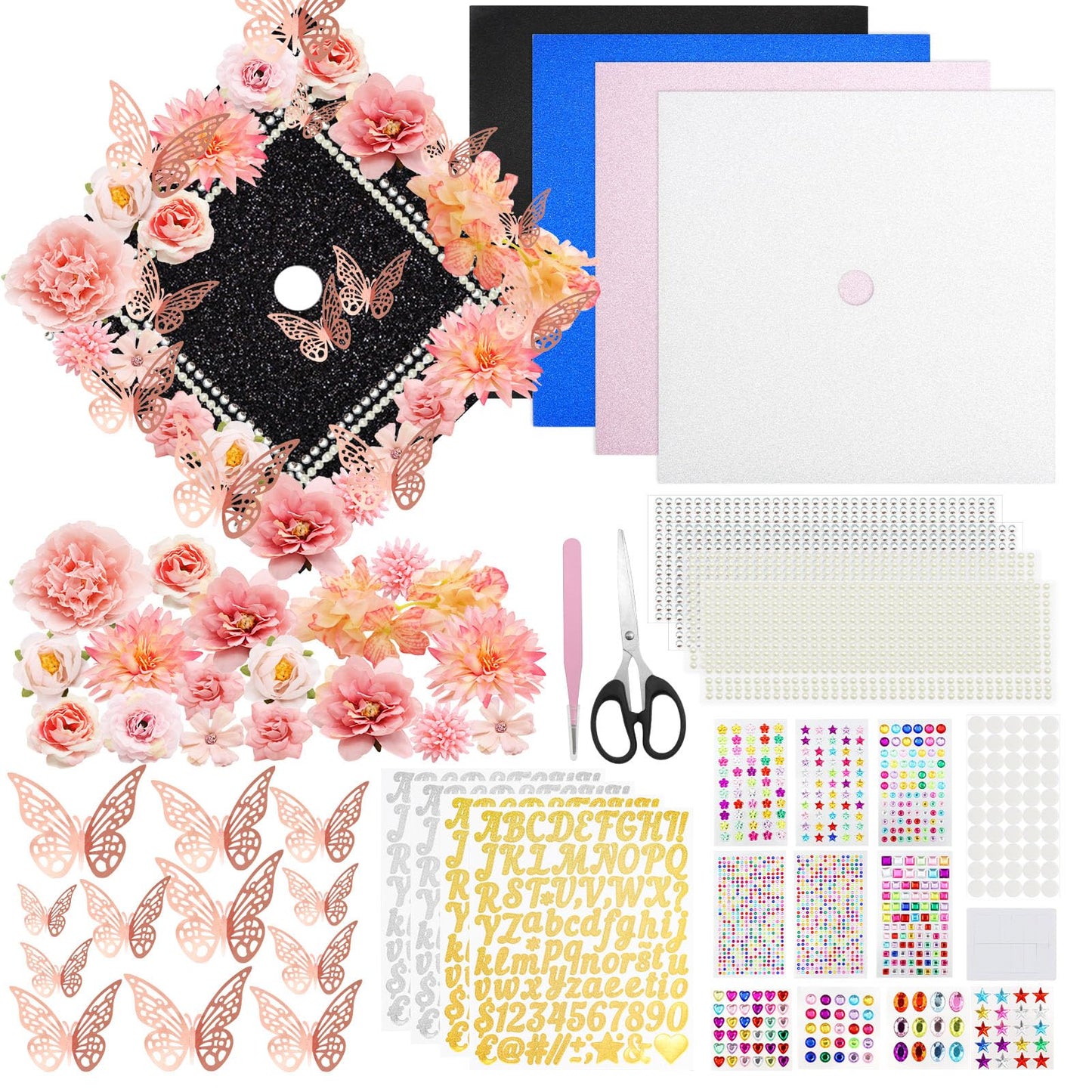 ZYNERY Graduation Cap Decorations Kit Grad Cap Topper Decor Includes Glitter Paper 3D Butterfly Faux Flower Letters Stickers, Cap Decorations for DIY Graduation Cap Topper (Pink)