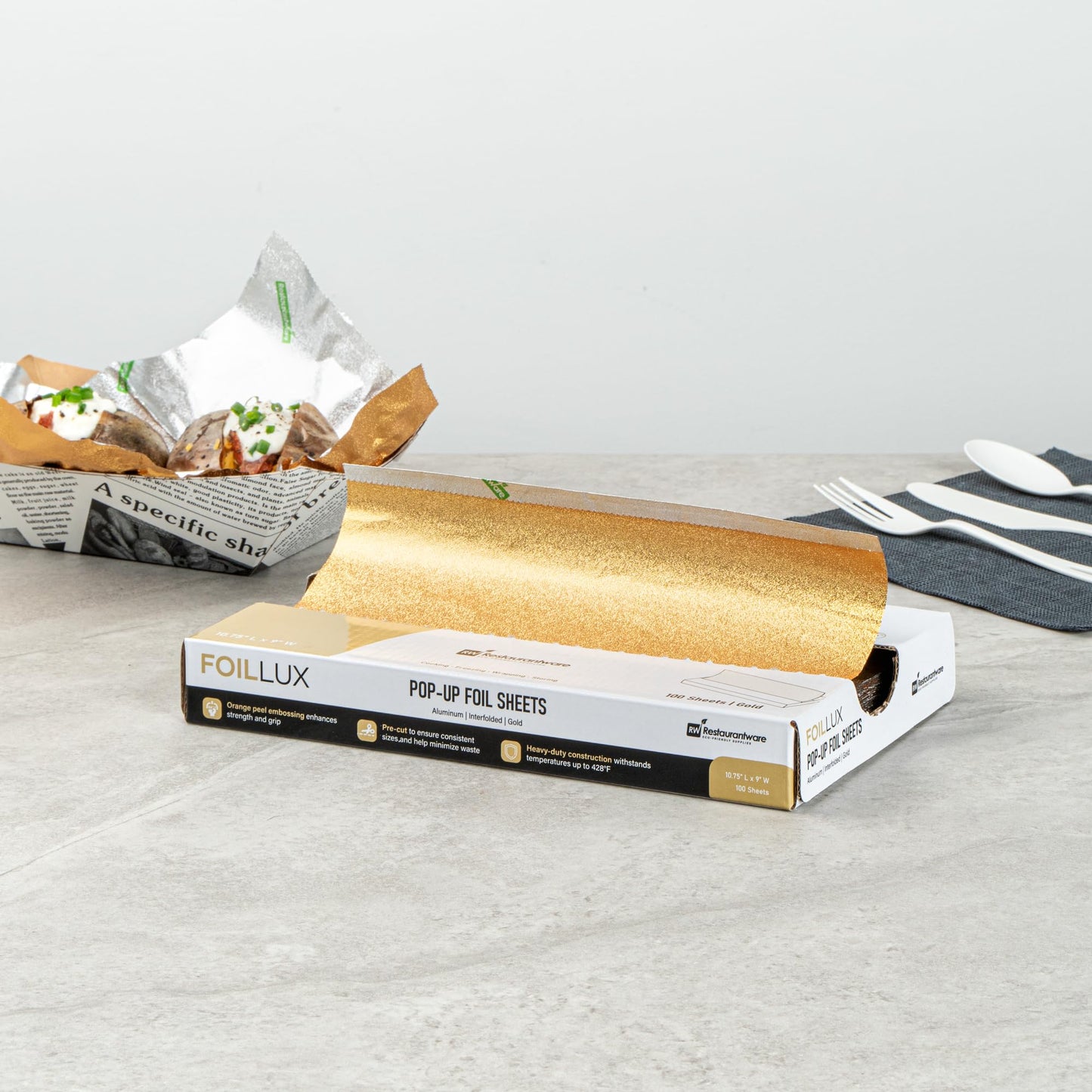 Restaurantware Lux Pop-Up Foil Sheets - 10.8 x 9 Inch, 100 Gold Embossed Aluminum Foil Papers, Greaseproof, Freezable & Oven Ready