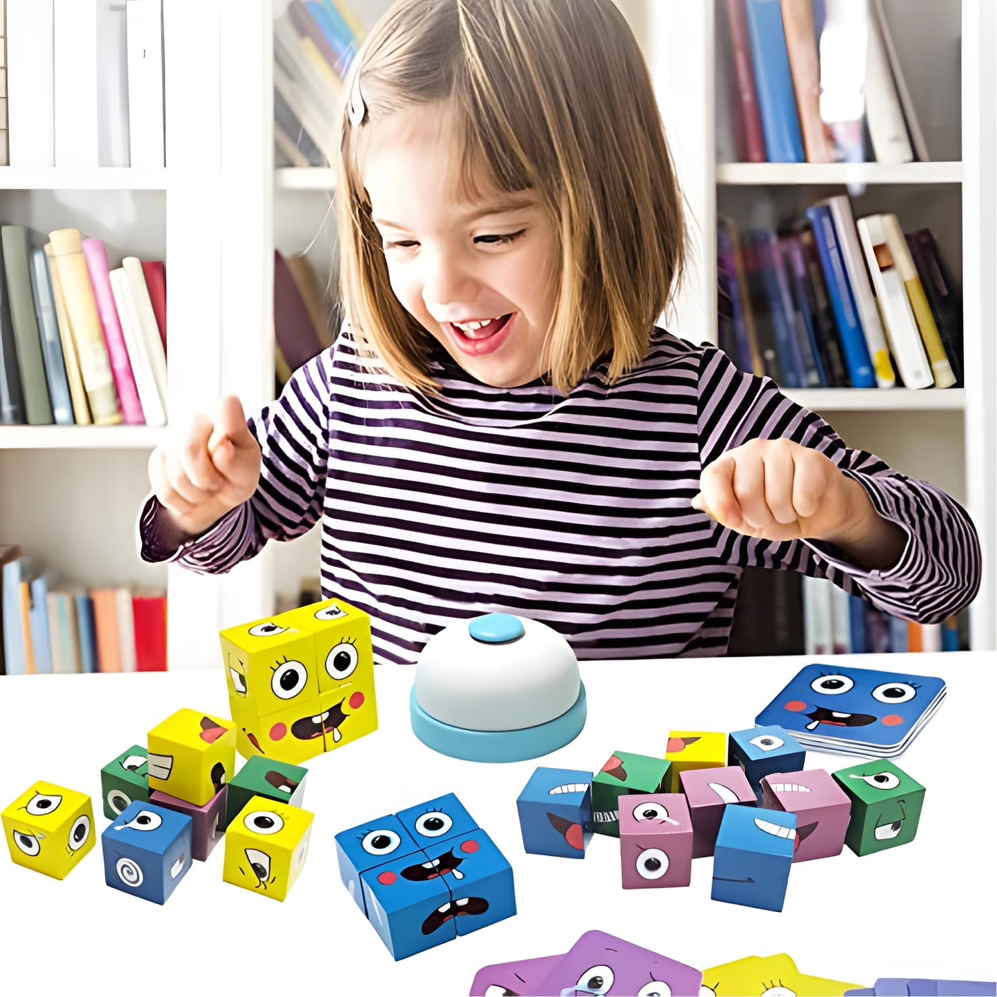 Wooden Cubes, IQ Puzzle, Building Cube Express Toy Faces, Magic Face Building Block Wooden Puzzle Montessori Toy