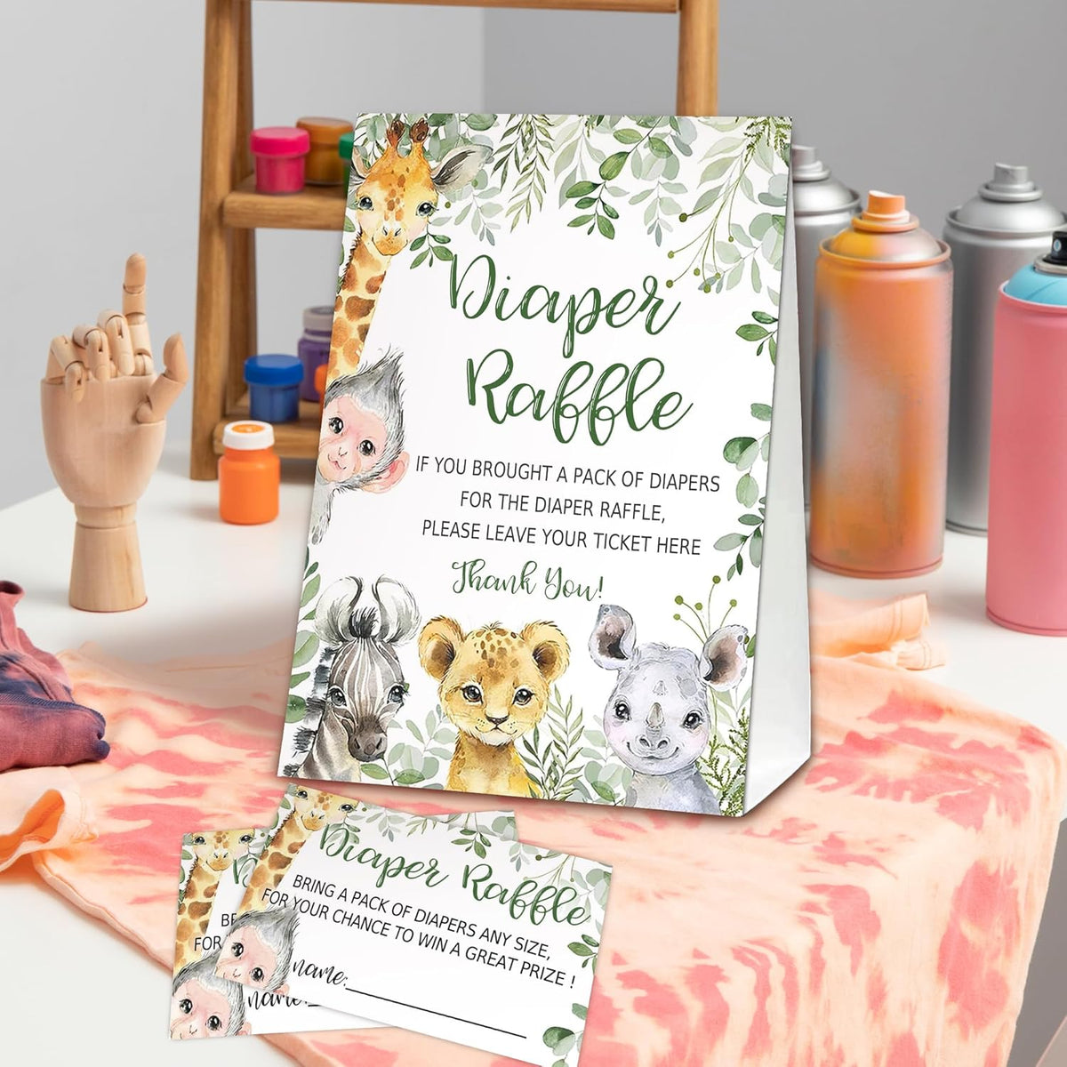 Jungle Animals Diaper Raffle Tickets for Baby Shower Game, 1 Standing Sign(5 * 7 Inch) & 50 Guessing Cards for Baby Shower Party Decoration