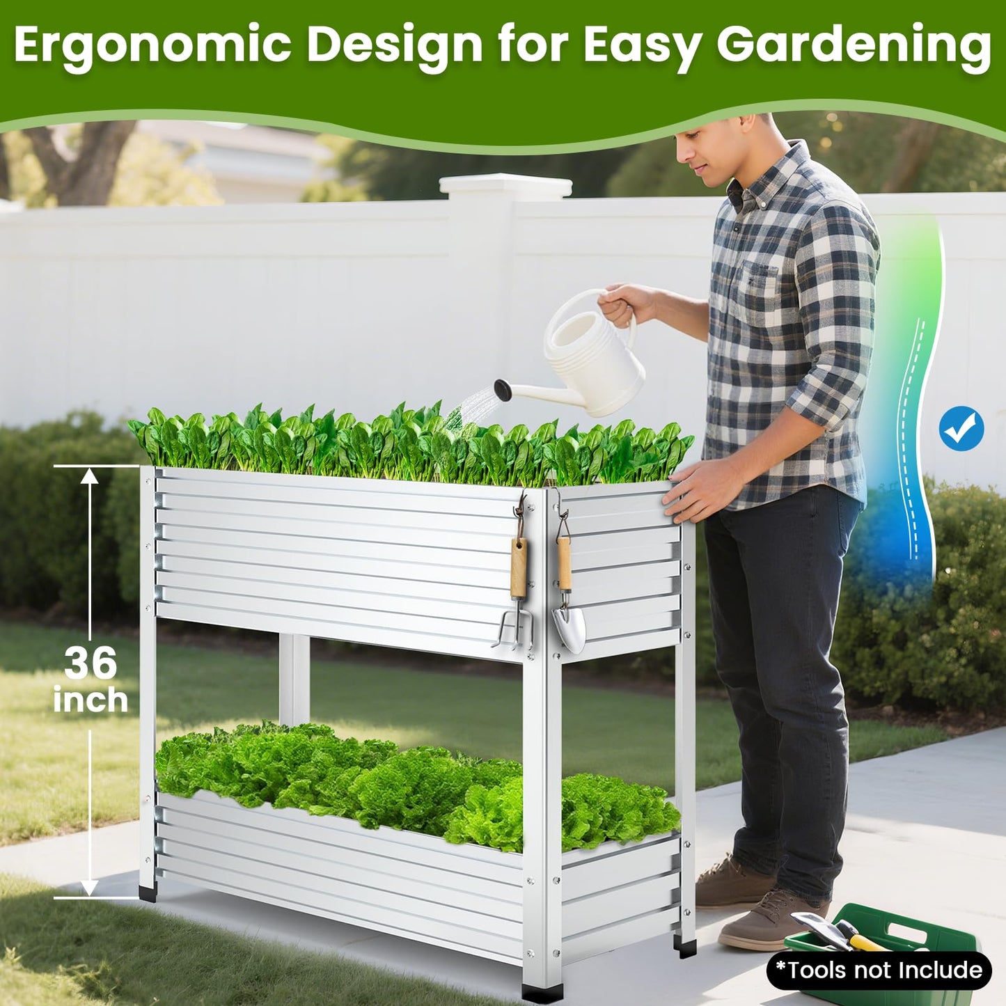 Cybrasc 2-Tier Galvanized Raised Garden Bed with Legs, 36"x16"x36" Metal Elevated Planter Box (12" Top/8" Bottom Depth), 500LB Capacity for Vegetables, Herbs, Leafy Greens, Flowers on Patio Yard