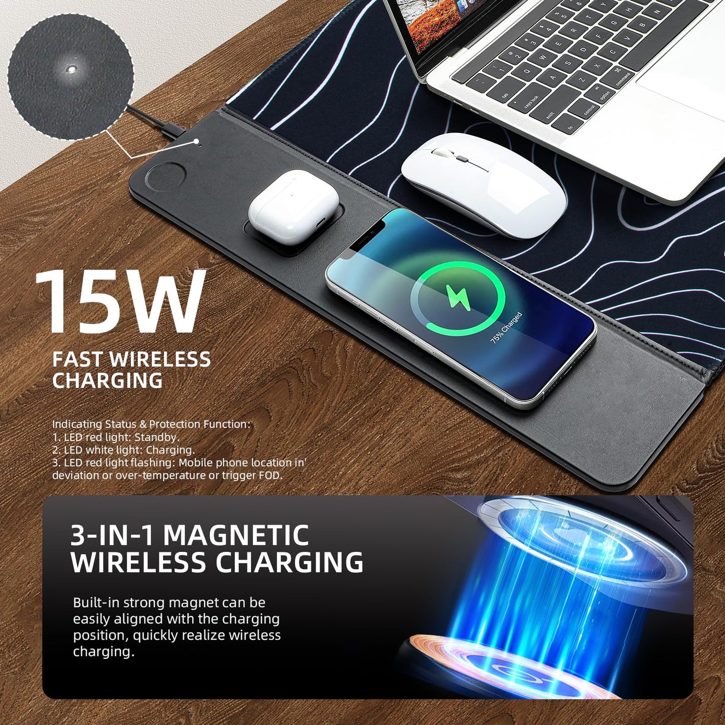 VOVIPO 3 in 1 Wireless Charging Mouse Pad, Gift for Dad/Office Manager,Wireless Charger Compitable with iPhone/Watch/airpods. Wireless Charging Desk Mat 90 x 40cm,Black Topographic Computer Desk Pad