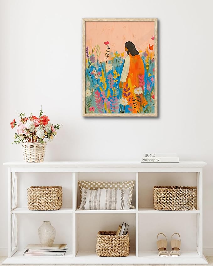 EcoHest Large 16x20in OAK Wood Framed Wall Art, Jesus Portrait with Bible Verse Theme, Christian Canvas, The Wildflowers Style, Modern Wall Decor for Bedroom Living Bathroom Religious Gift 1 Pack