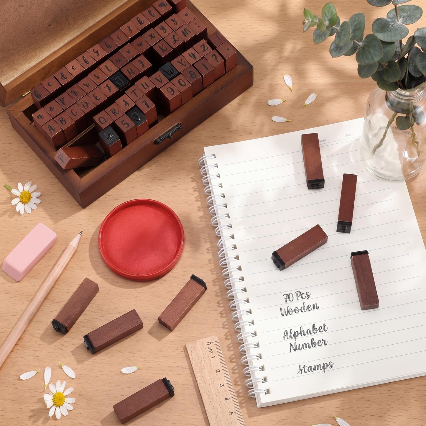 Fuyoooo 70 Pcs Alphabet Wooden Rubber Stamps with Box Letter Number Symbol DIY Craft Alphabet Stamps Set for Card Making DIY Craft Scrapbooking Supplie