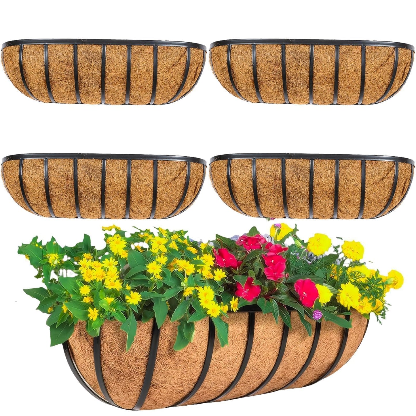ZVOWOS 4 Pack 24" Railing Planter Window Box with Coco Fiber Liner Horse Trough Planter The Railing Planter Boxes for Deck Porch Fence Outdoor