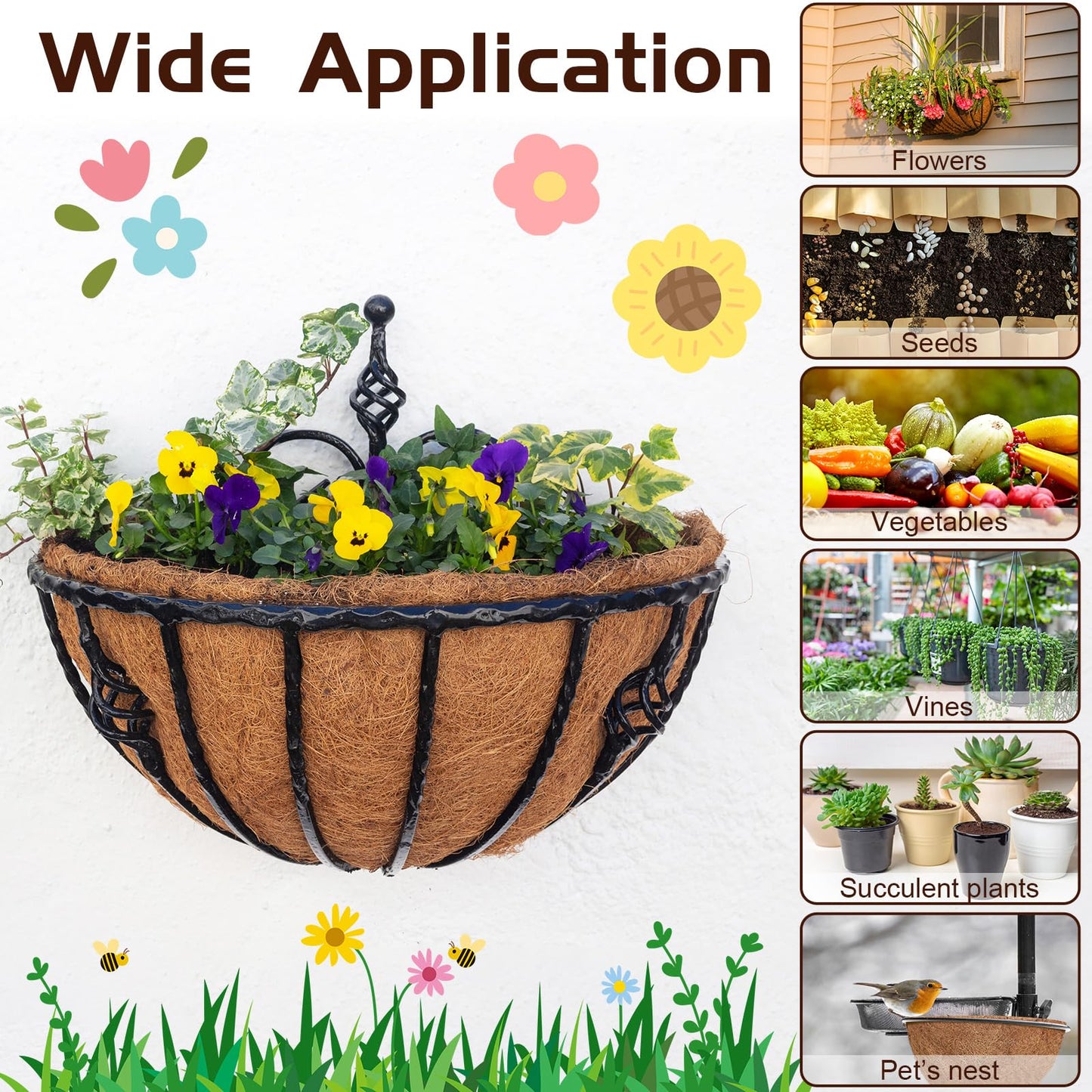 Singhoow 6 Pcs 12 Inch Half Round Replacement Coco Liner Half Circle Coconut Fiber Replacement Coco Liners Hanging Basket for Hanging Basket Wall Baskets Garden Planter Flower Pot