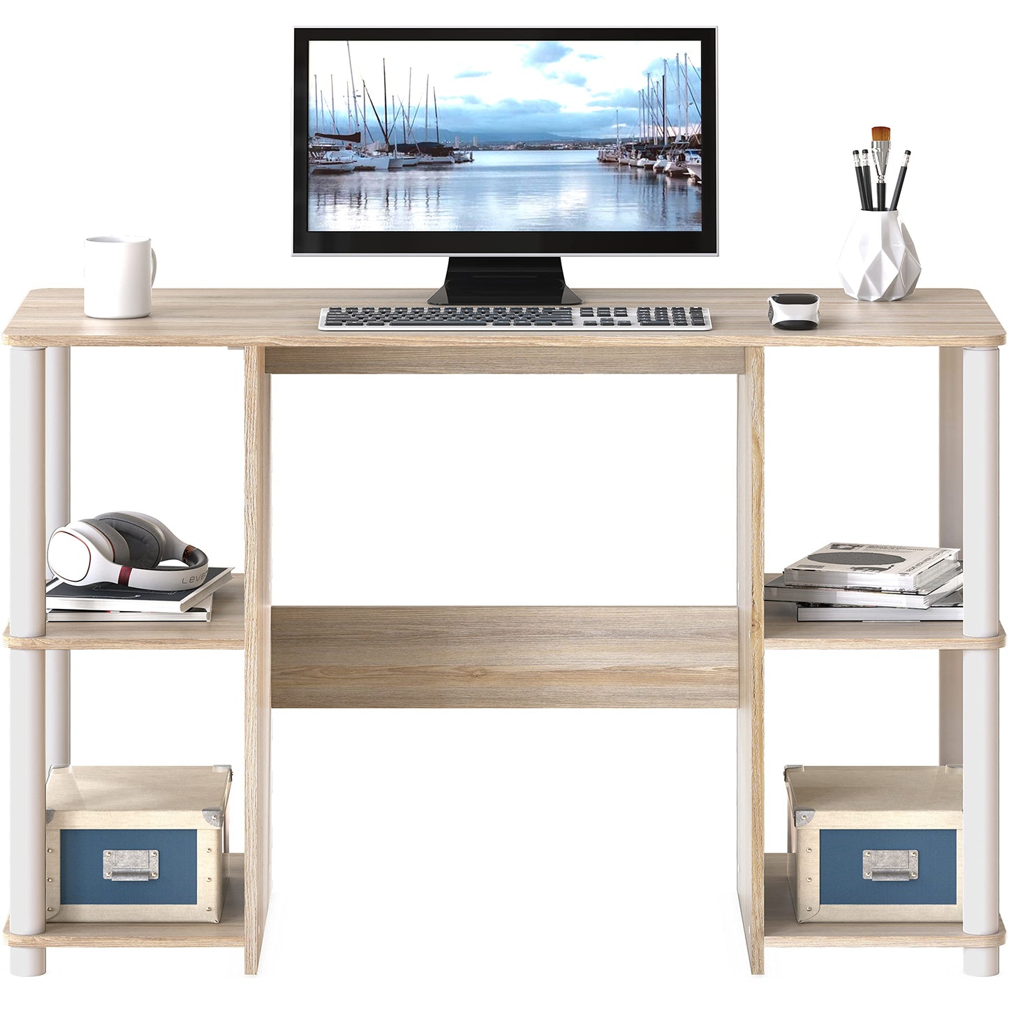 SHW 38-Inch Home Office Wood Desk with Double Sided Shelves, Oak