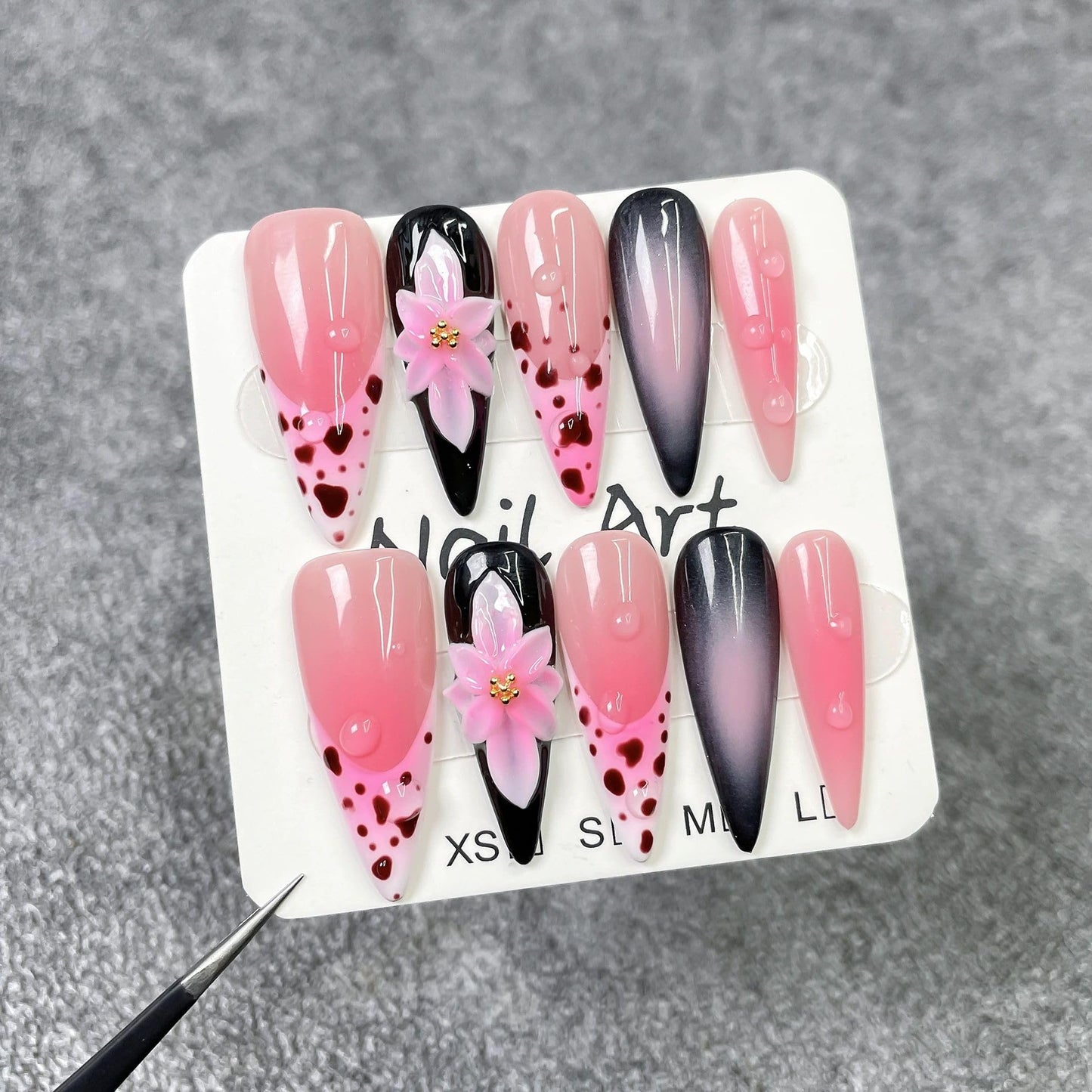 Threelegscat Handmade Press on Nails Long Almond Shape Fake Nails Stiletto Nail With Design for Women and Girls 10pcs Size M Pattern St1159