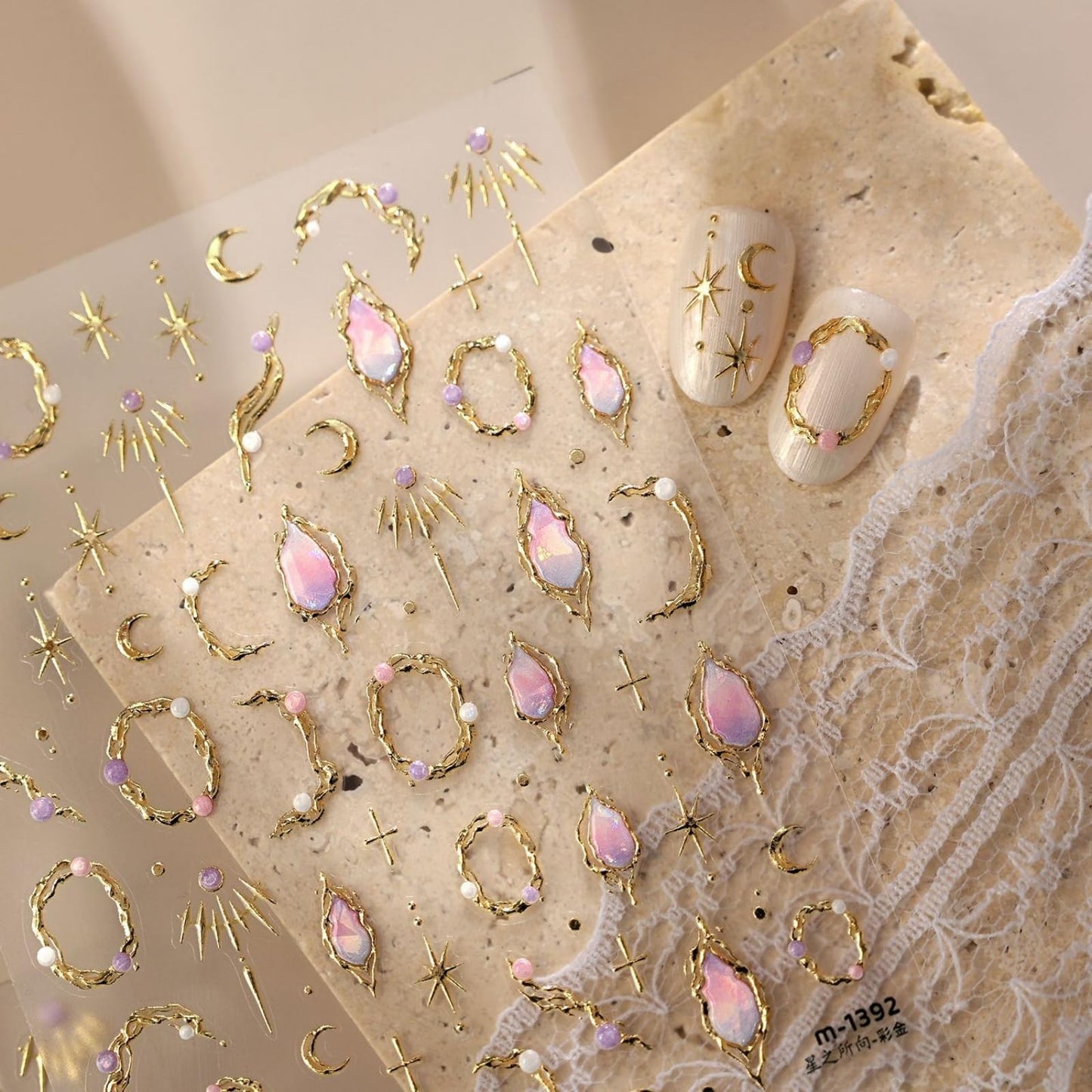 Gold Nail Stickers Star Moon Nail Art Stickers Gemstone Nails Decals Design 5D Embossed Self Adhesive Nails Charms Supply Decoration for Women 1 Sheets