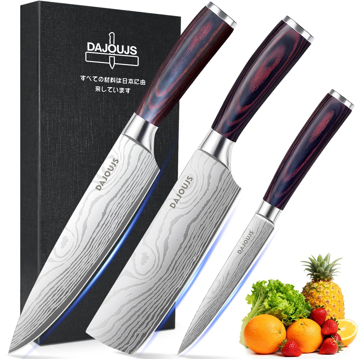 3-Piece Kitchen Chef Knife Set - 8" Chef Knife & 7" Nakiri Knife & 5" Utility Knife, Professional High-Carbon Stainless Steel Ultra Sharp Knives with Ergonomic Wood Handle & Gift Box for Cooking