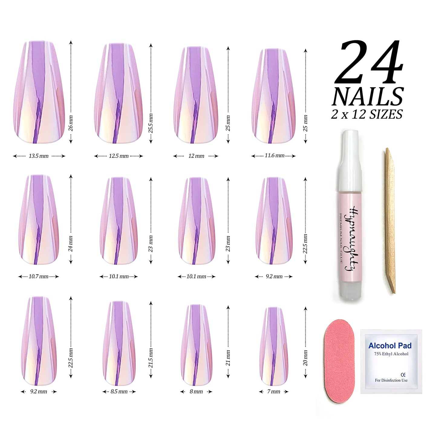Hypnaughty Press On Nails - Party Star Chrome & Noir Matte Coffin, Trendy & Salon Quality Reusable Nails With Kit